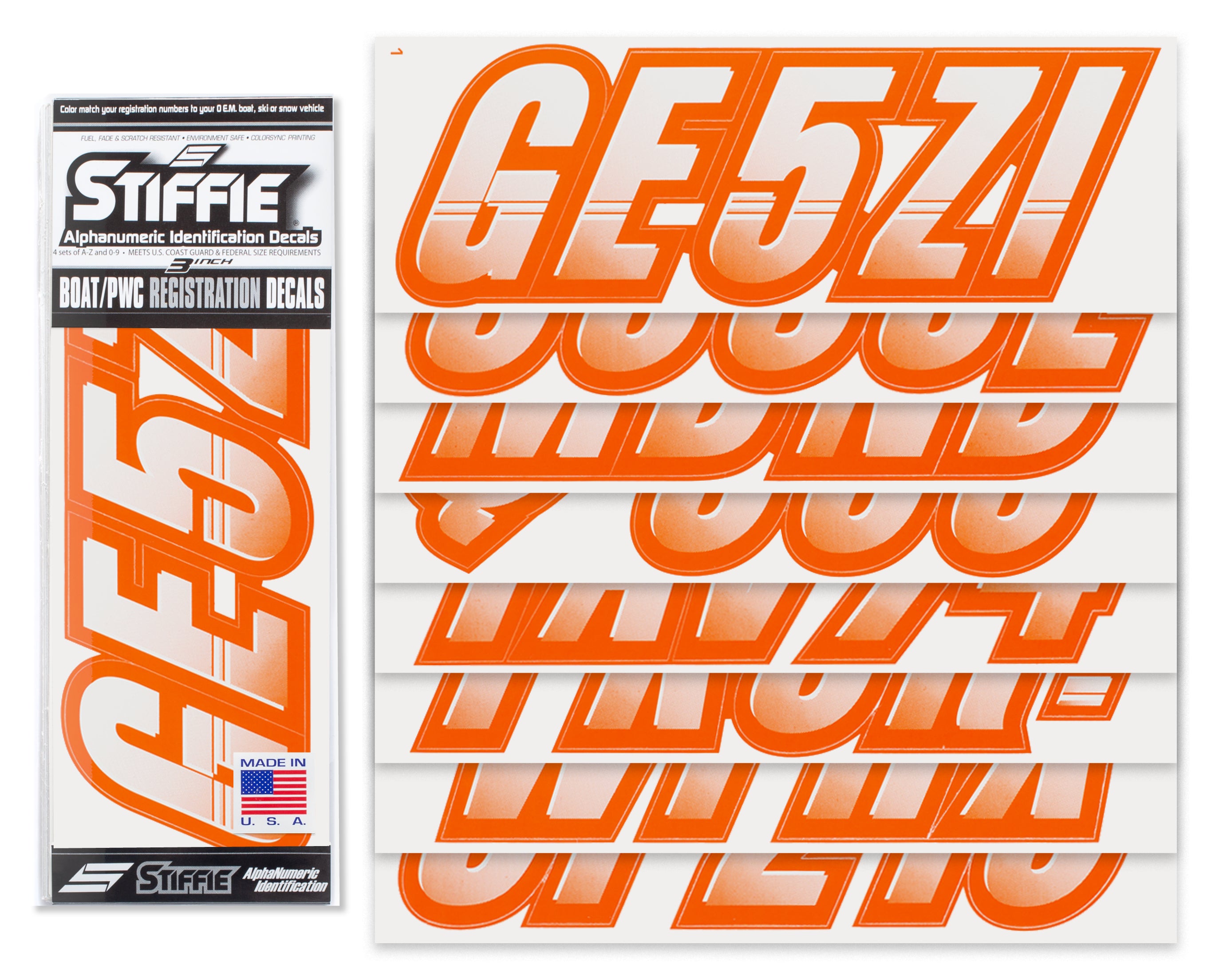 Stiffie Techtron White/Orange 3" Alpha-Numeric Registration Identification Numbers Stickers Decals for Boats & Personal Watercraft