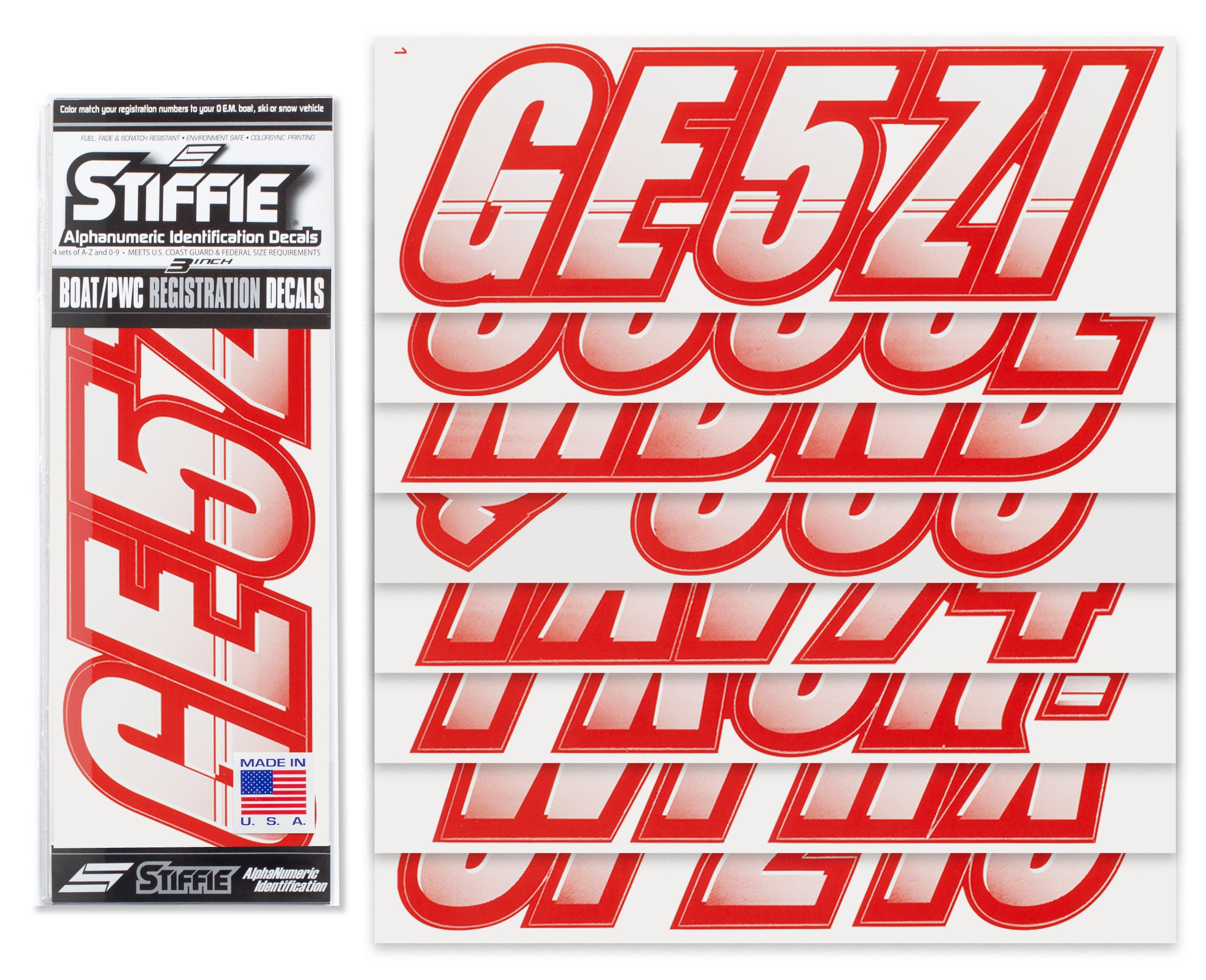 STIFFIE Techtron White/Red 3" Alpha-Numeric Registration Identification Numbers Stickers Decals for Boats & Personal Watercraft