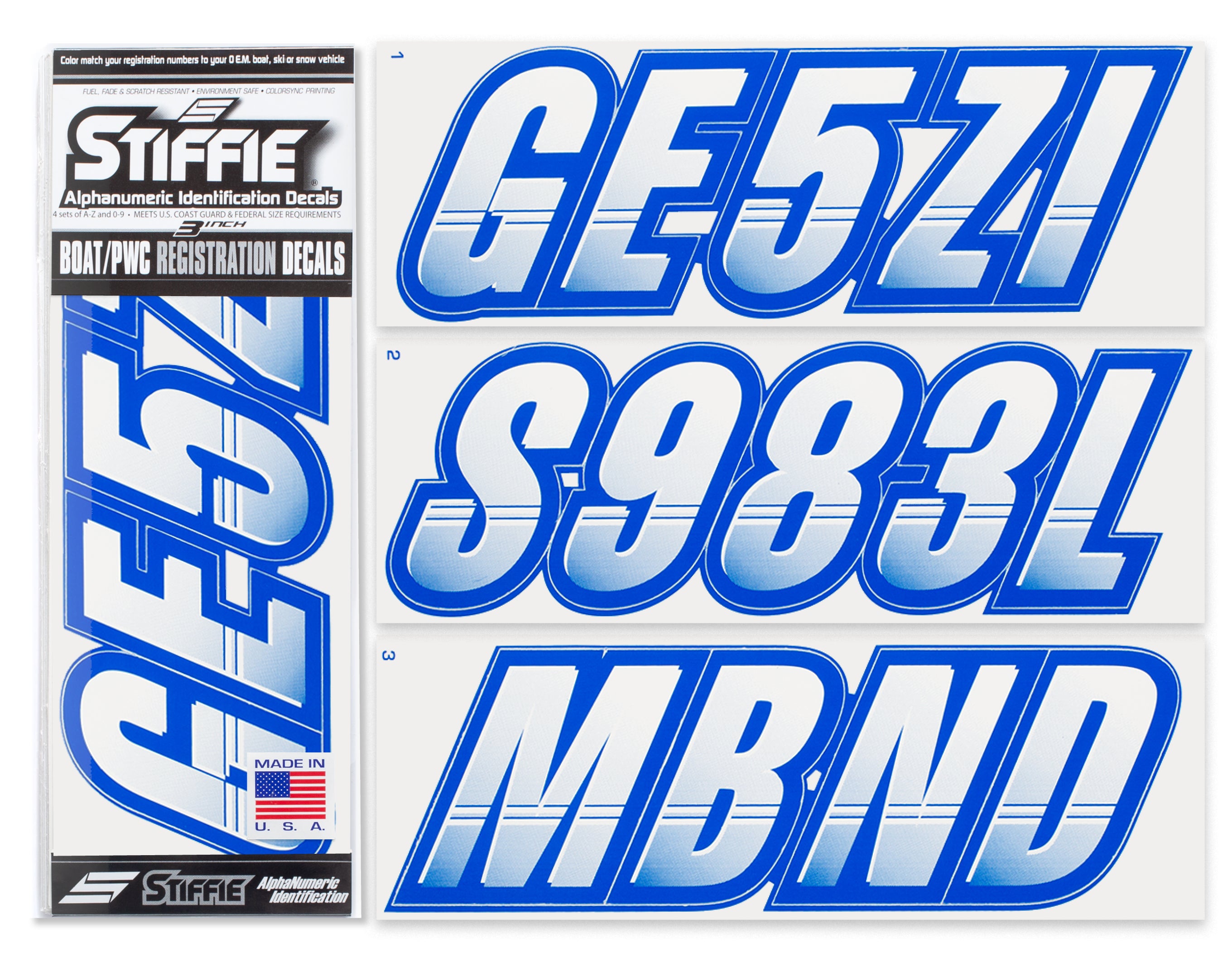STIFFIE Techtron White/Blue 3" Alpha-Numeric Registration Identification Numbers Stickers Decals for Boats & Personal Watercraft