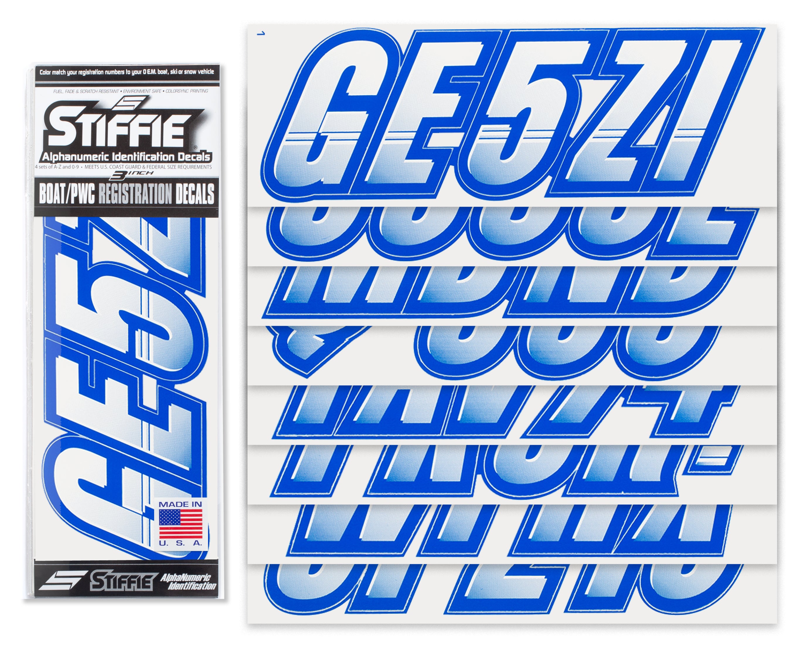 STIFFIE Techtron White/Blue 3" Alpha-Numeric Registration Identification Numbers Stickers Decals for Boats & Personal Watercraft