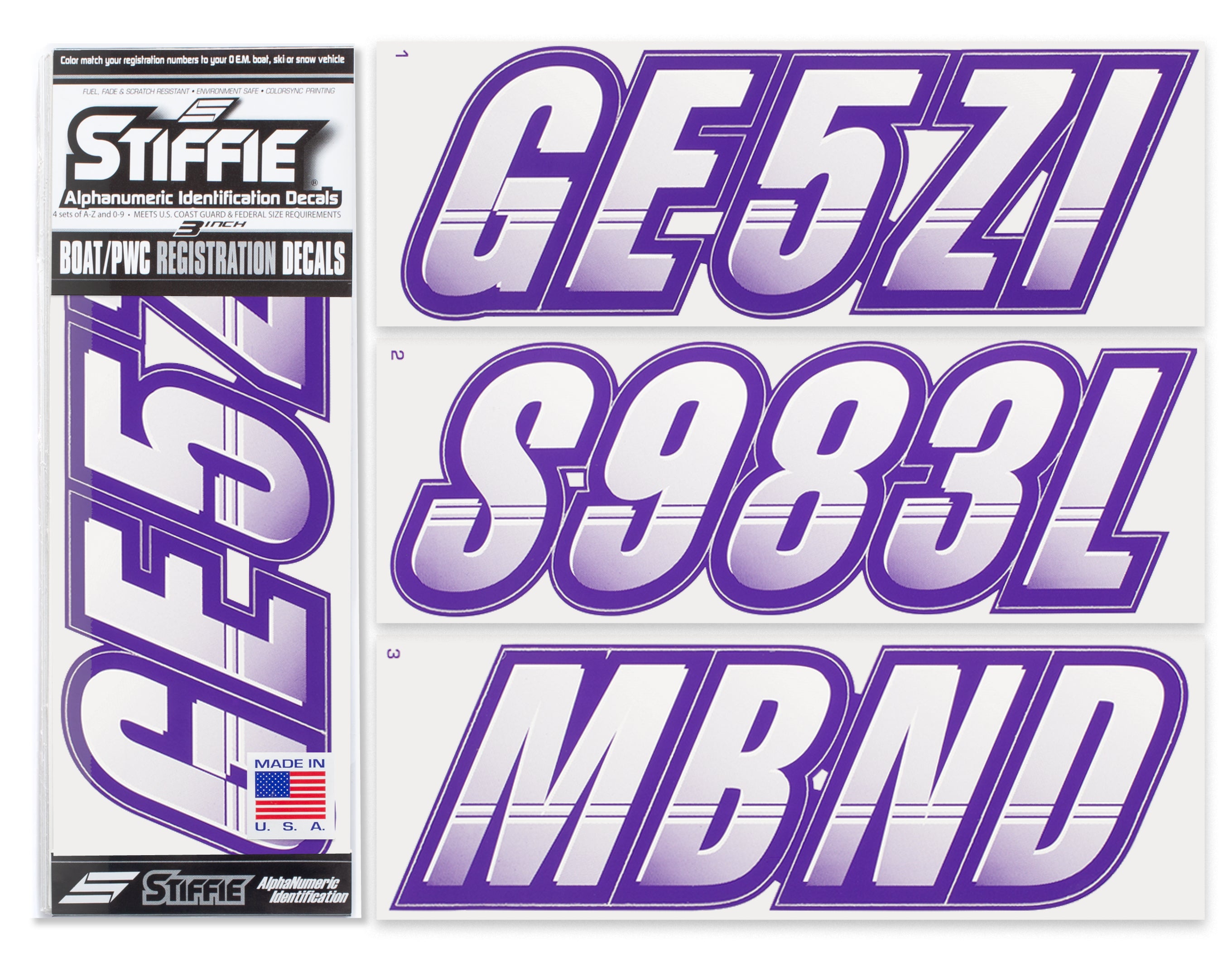 Stiffie Techtron White/Purple 3" Alpha-Numeric Registration Identification Numbers Stickers Decals for Boats & Personal Watercraft