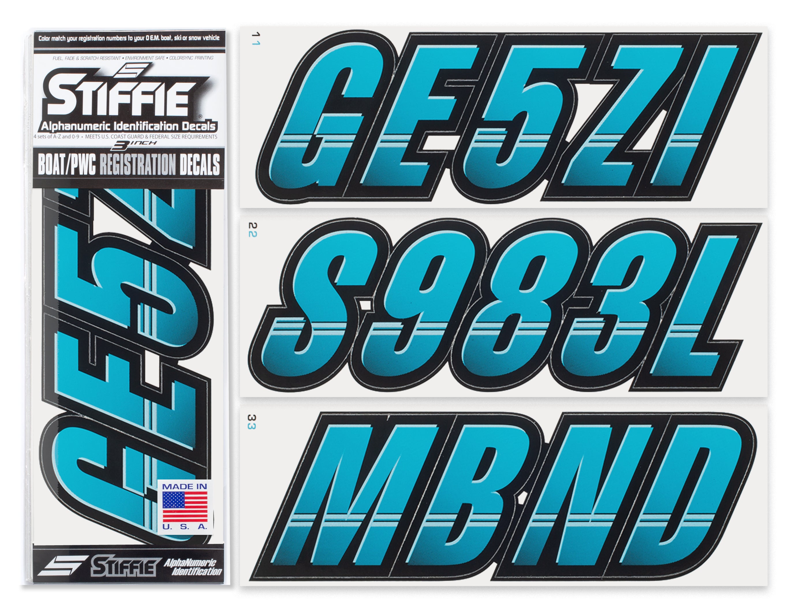 Stiffie Techtron Sky Blue/Black 3" Alpha-Numeric Registration Identification Numbers Stickers Decals for Boats & Personal Watercraft