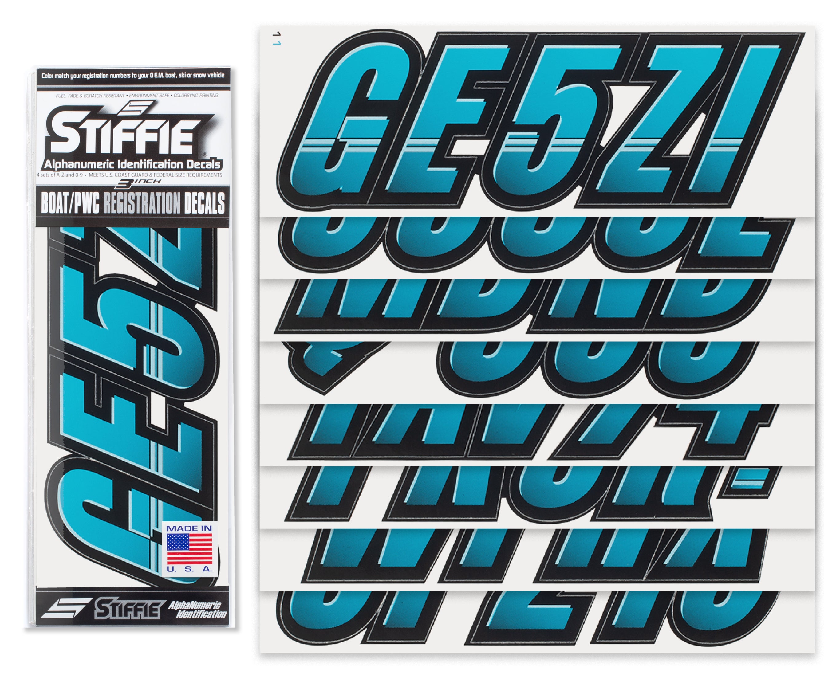 Stiffie Techtron Sky Blue/Black 3" Alpha-Numeric Registration Identification Numbers Stickers Decals for Boats & Personal Watercraft