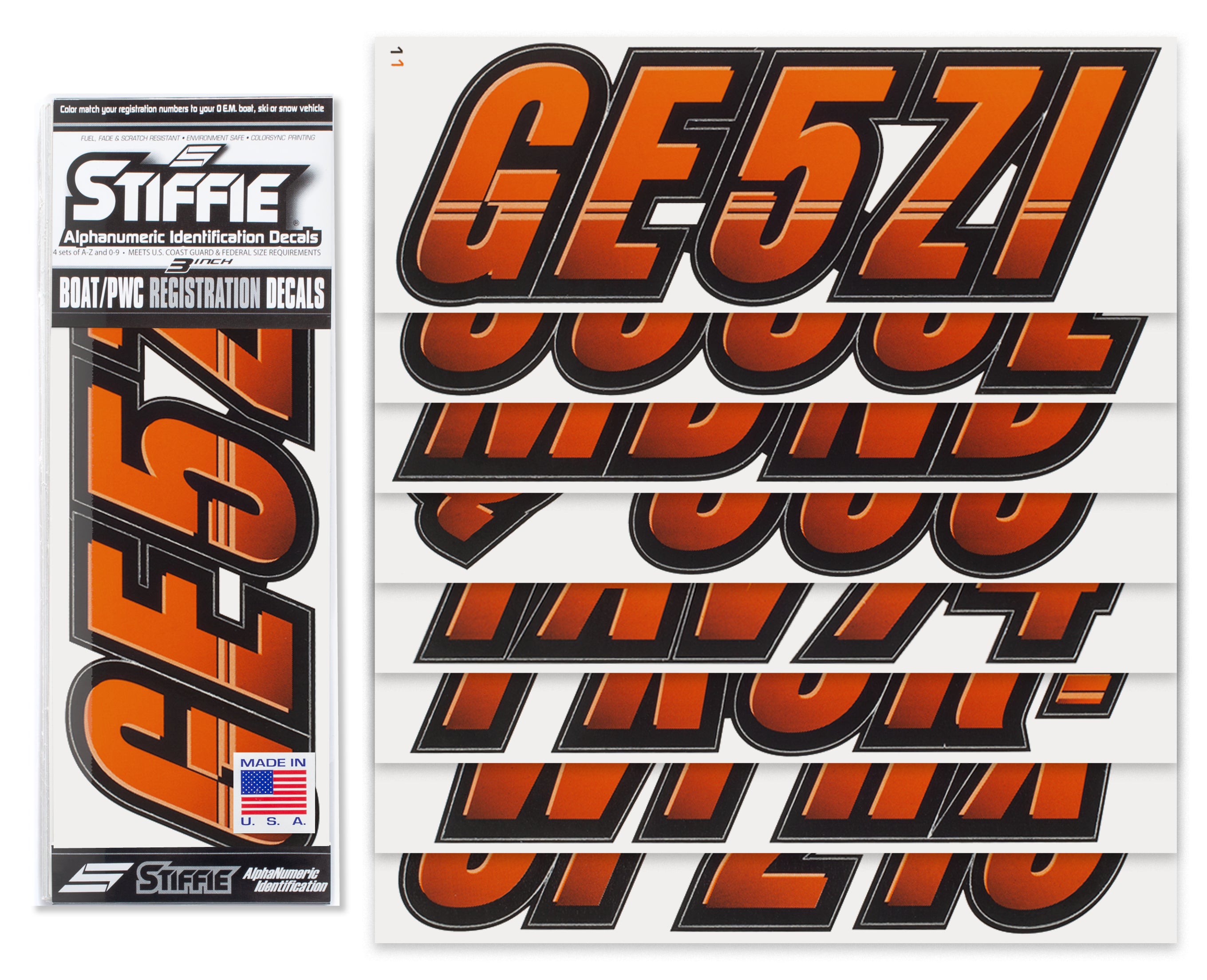 STIFFIE Techtron Orange/Black 3" Alpha-Numeric Registration Identification Numbers Stickers Decals for Boats & Personal Watercraft