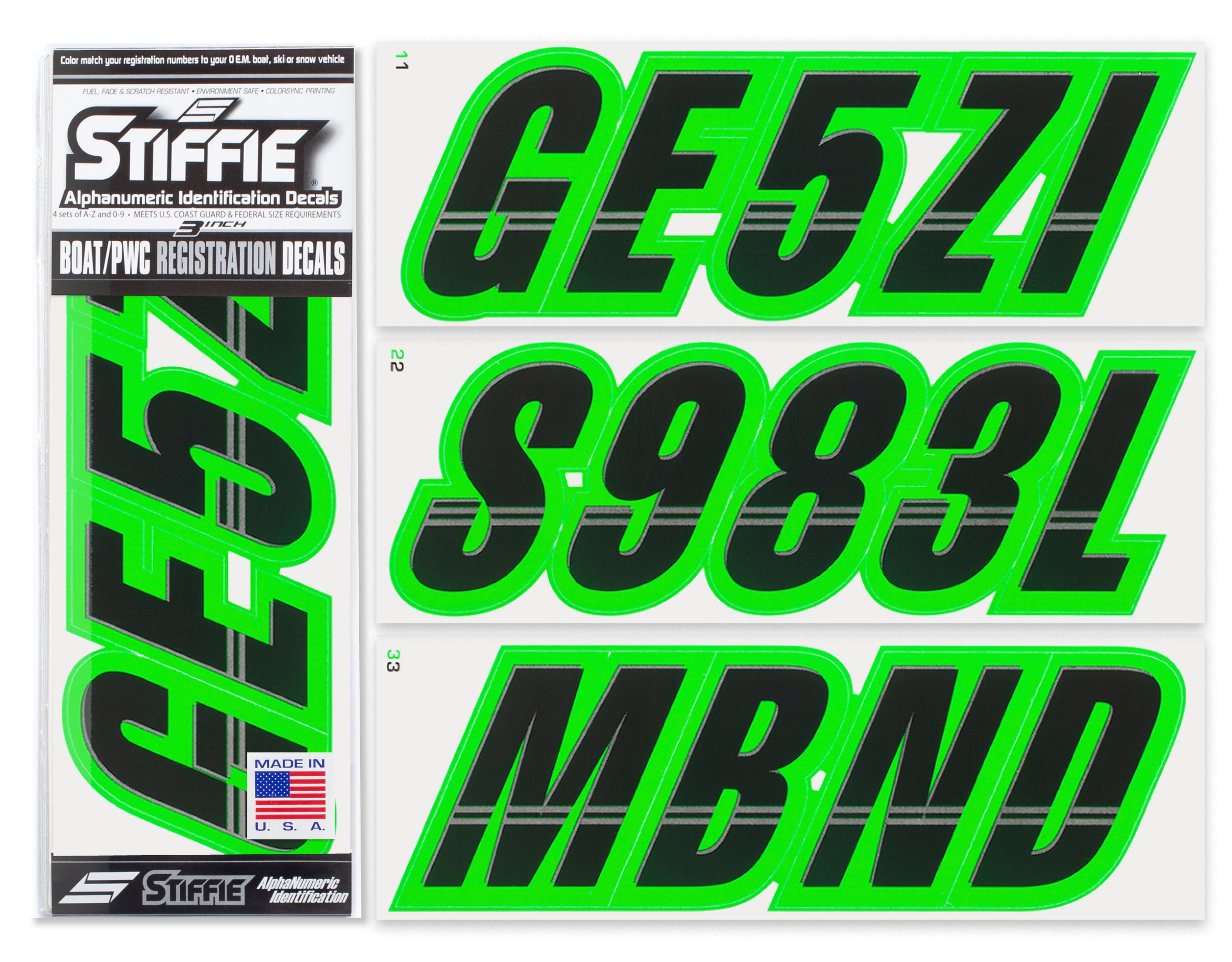 STIFFIE Techtron Black/Electric Green 3" Alpha-Numeric Registration Identification Numbers Stickers Decals for Boats & Personal Watercraft