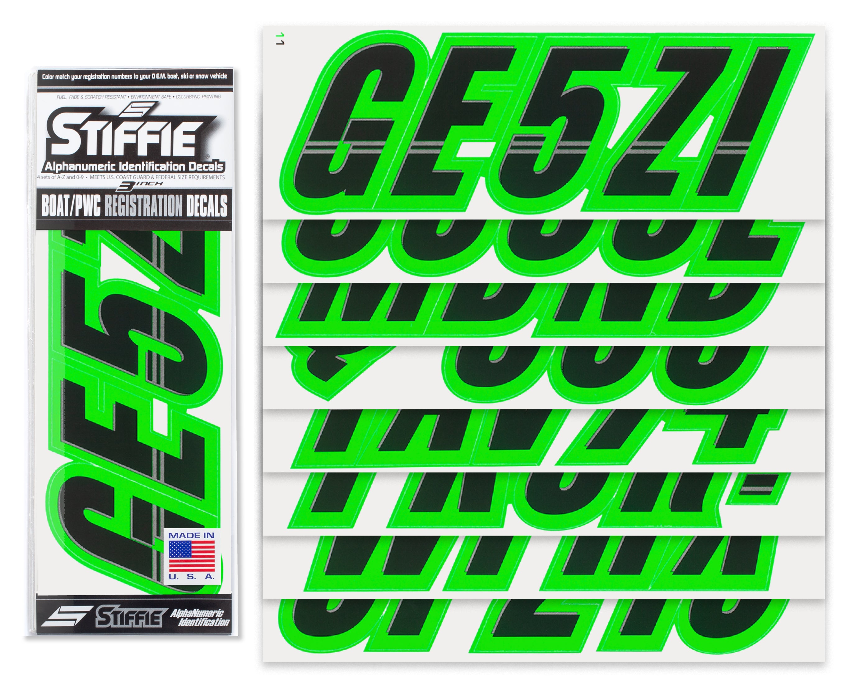 STIFFIE Techtron Black/Electric Green 3" Alpha-Numeric Registration Identification Numbers Stickers Decals for Boats & Personal Watercraft
