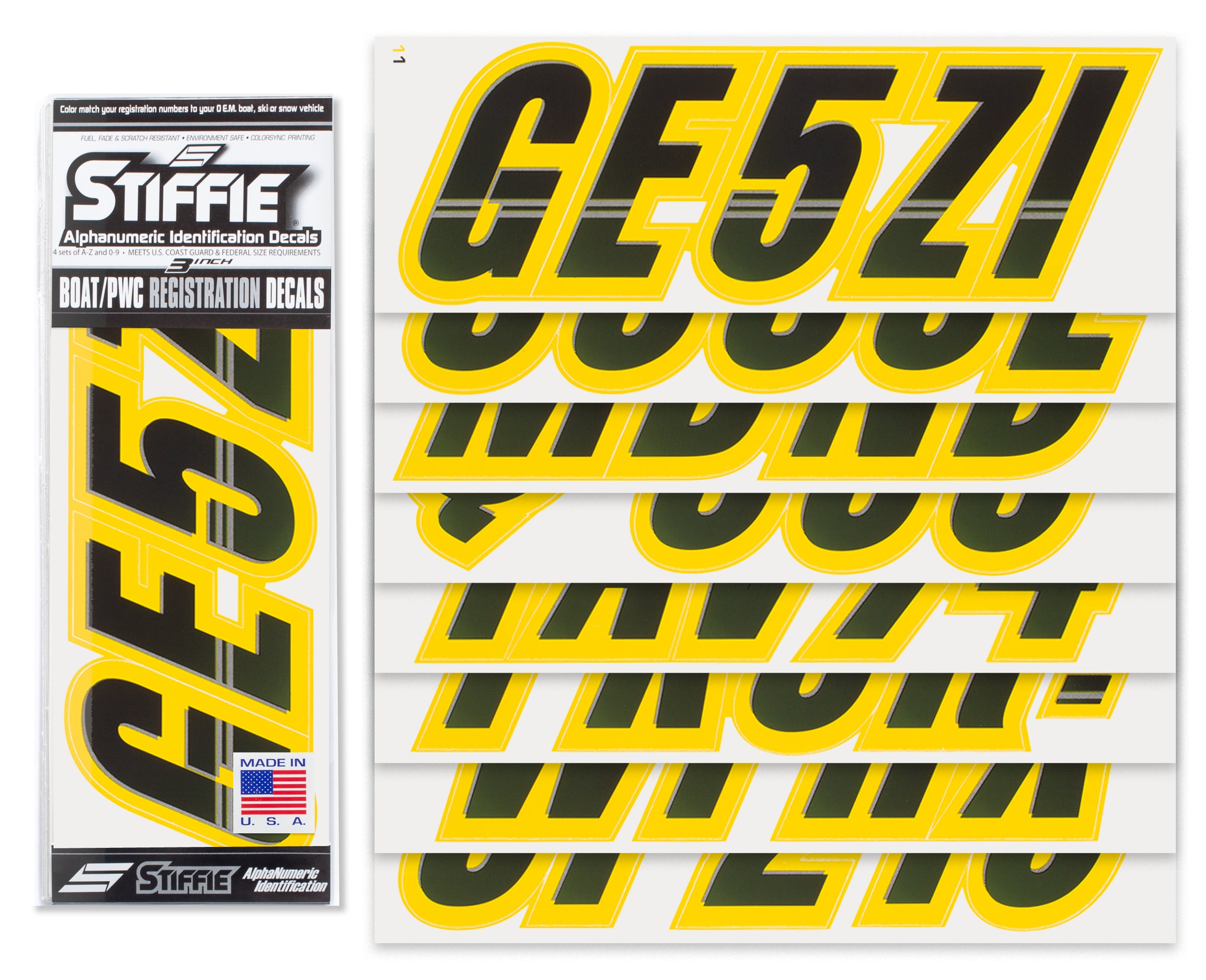 Stiffie Techtron Black/Yellow 3" Alpha-Numeric Registration Identification Numbers Stickers Decals for Boats & Personal Watercraft