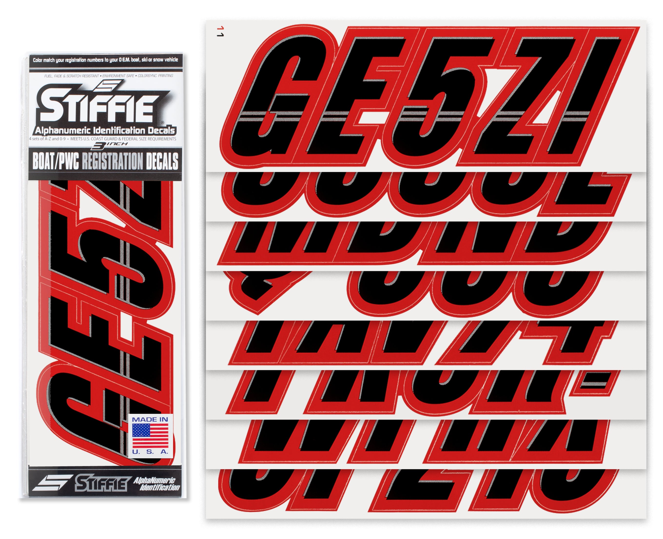 Stiffie Techtron Black/Red 3" Alpha-Numeric Registration Identification Numbers Stickers Decals for Boats & Personal Watercraft