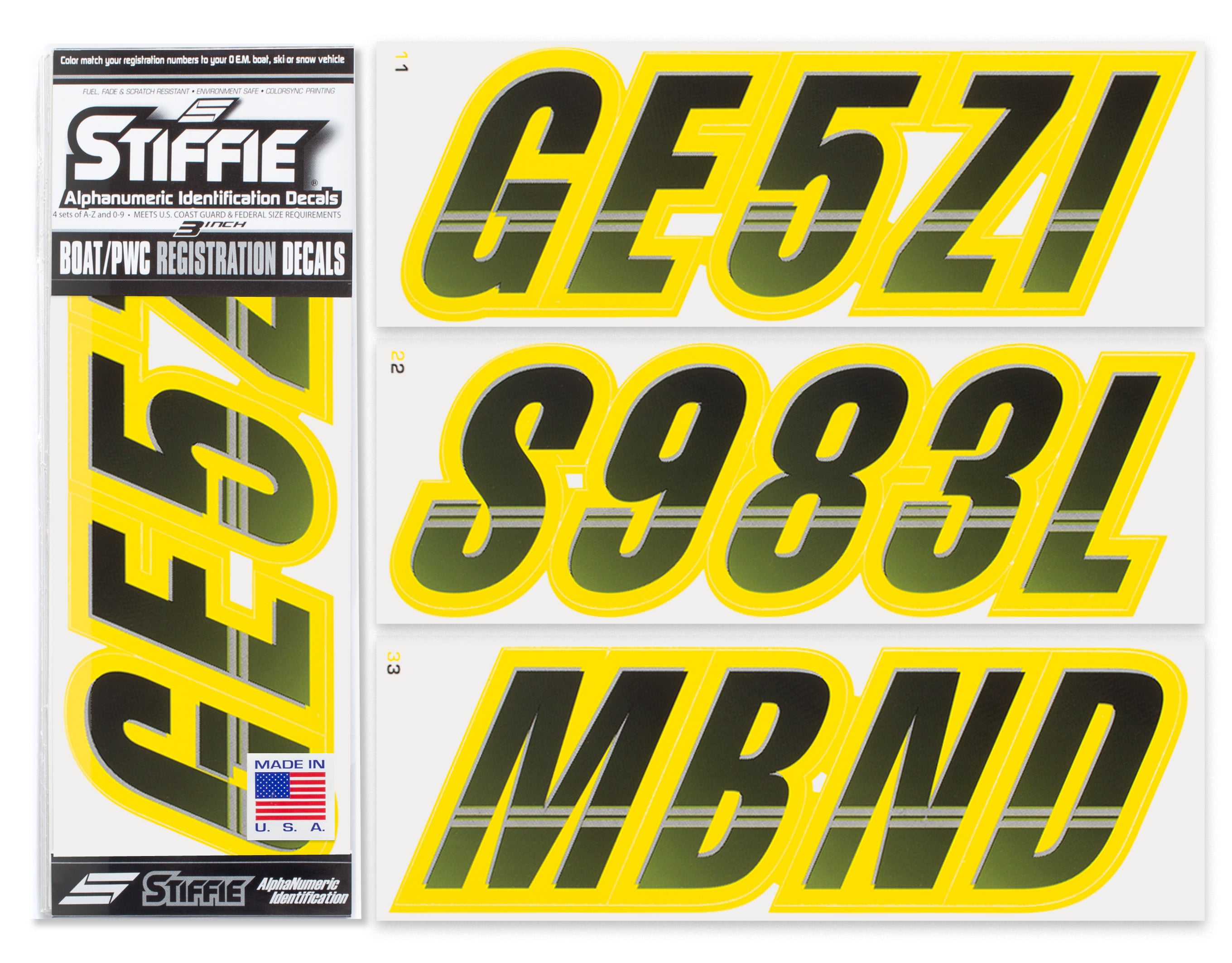 STIFFIE Techtron Black/Electric Yellow 3" Alpha-Numeric Registration Identification Numbers Stickers Decals for Boats & Personal Watercraft