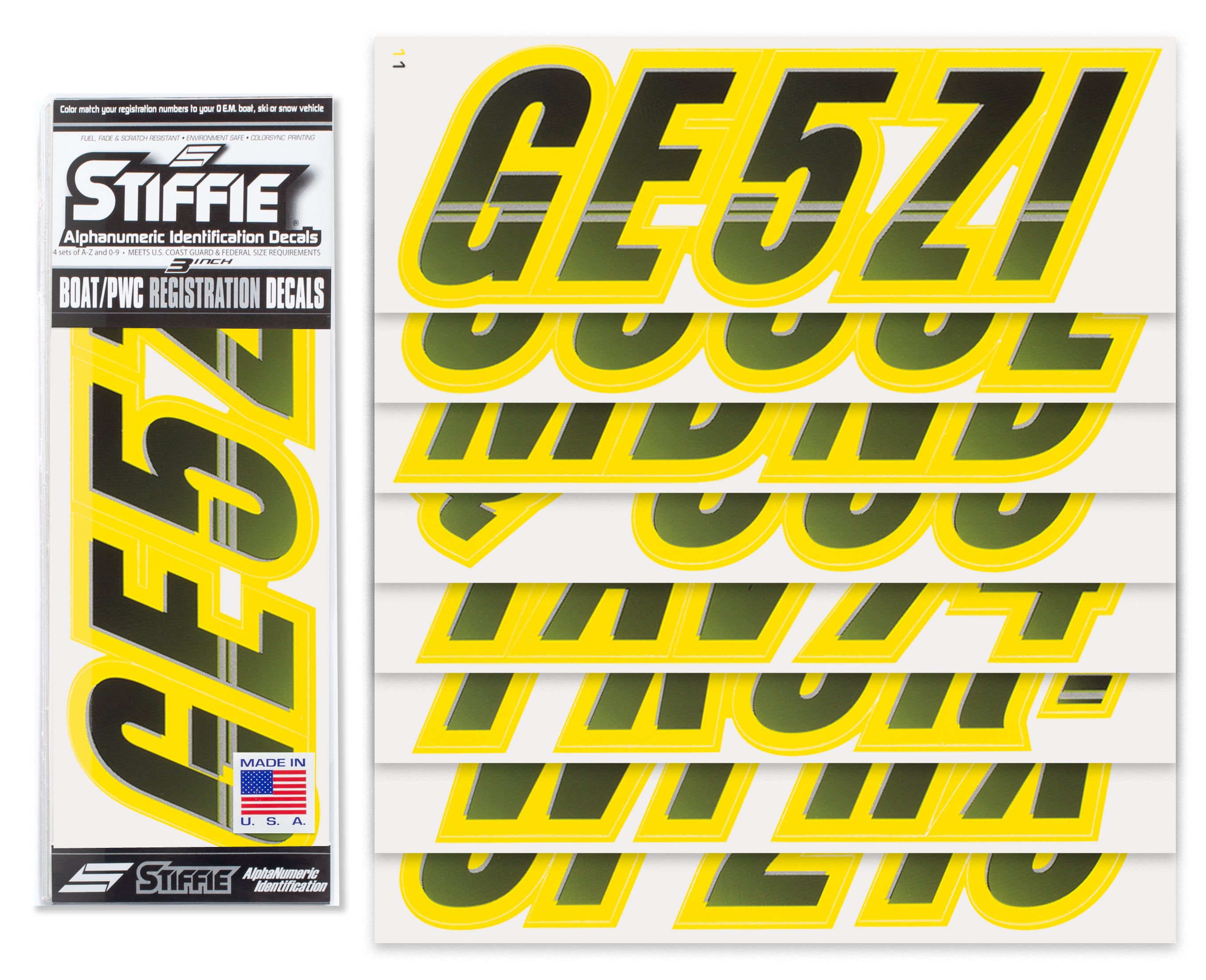 STIFFIE Techtron Black/Electric Yellow 3" Alpha-Numeric Registration Identification Numbers Stickers Decals for Boats & Personal Watercraft