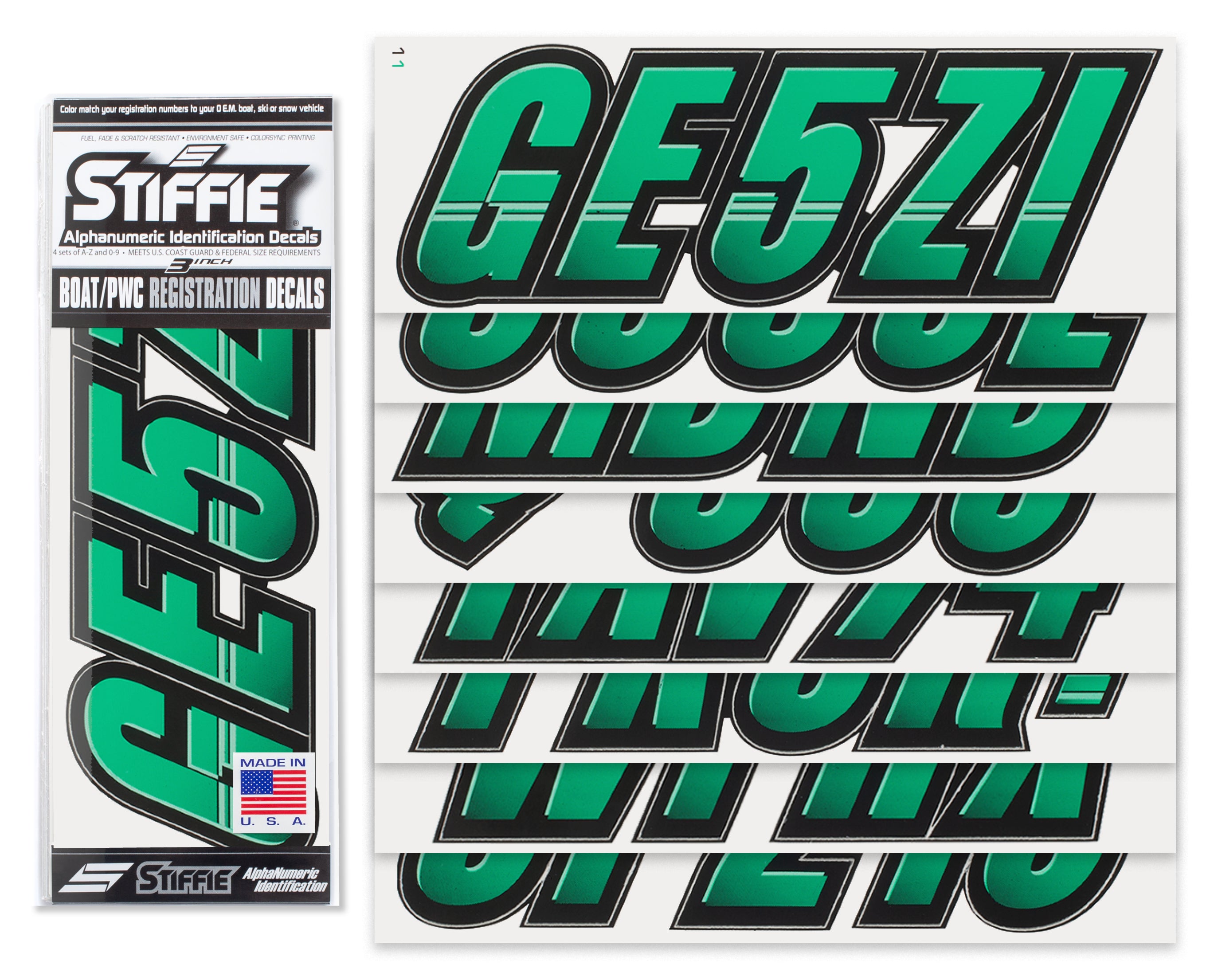 Stiffie Techtron Seafoam Green/Black 3" Alpha-Numeric Registration Identification Numbers Stickers Decals for Boats & Personal Watercraft