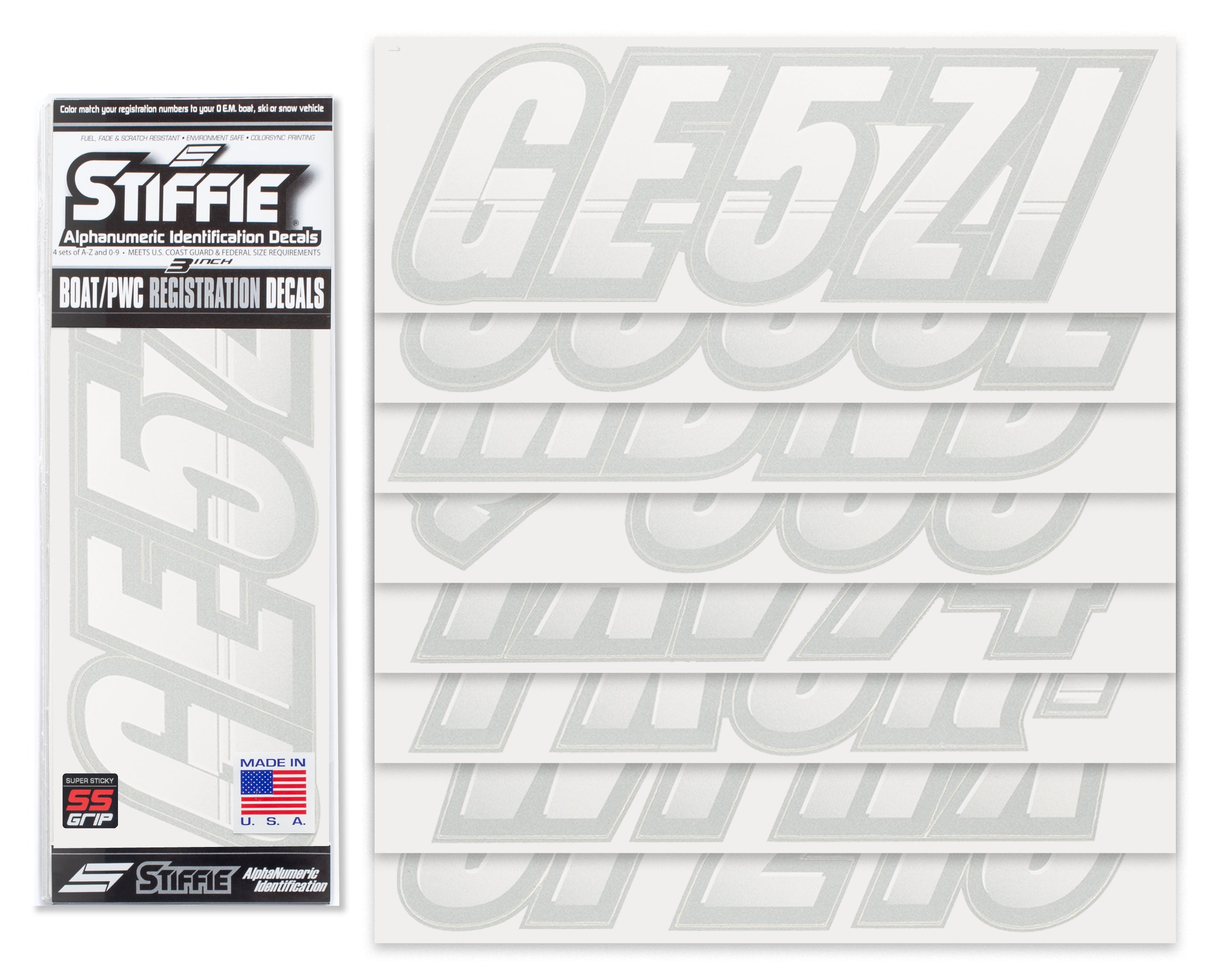 Stiffie Techtron White/Silver Super Sticky 3" Alpha Numeric Registration Identification Numbers Stickers Decals for Sea-Doo Spark, Inflatable Boats, Ribs, Hypalon/PVC, PWC and Boats
