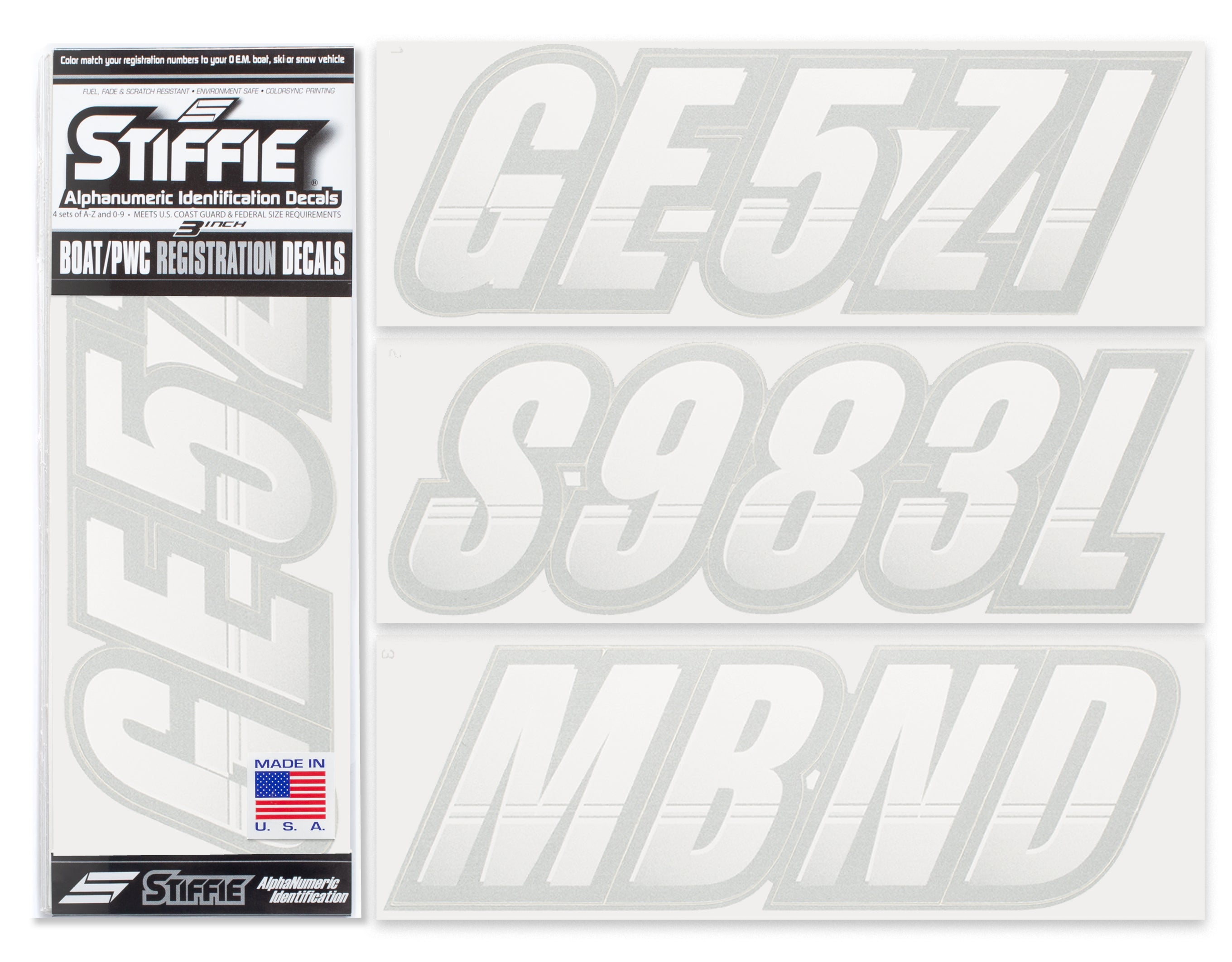 STIFFIE Techtron White/Silver 3" Alpha-Numeric Registration Identification Numbers Stickers Decals for Boats & Personal Watercraft