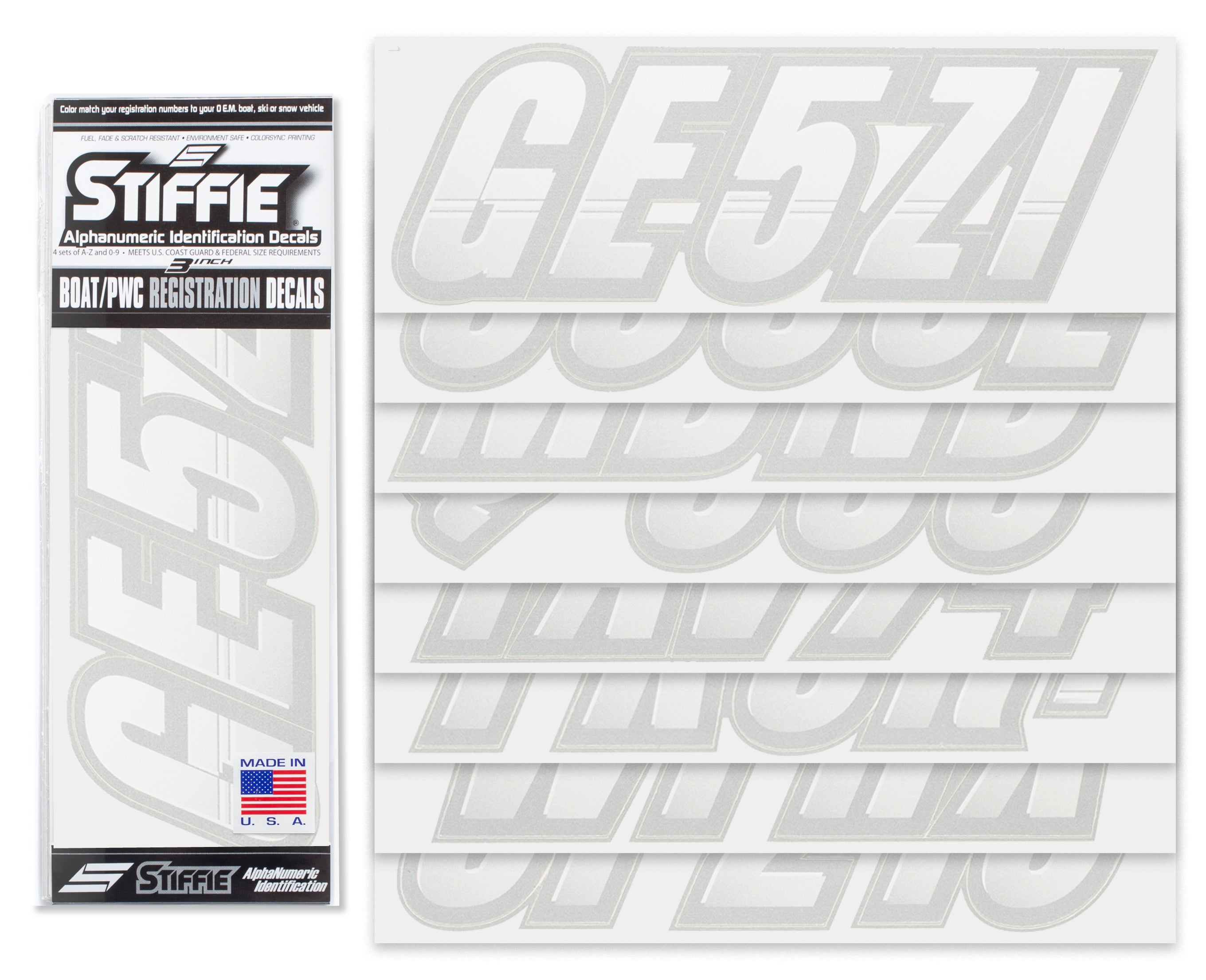 STIFFIE Techtron White/Silver 3" Alpha-Numeric Registration Identification Numbers Stickers Decals for Boats & Personal Watercraft