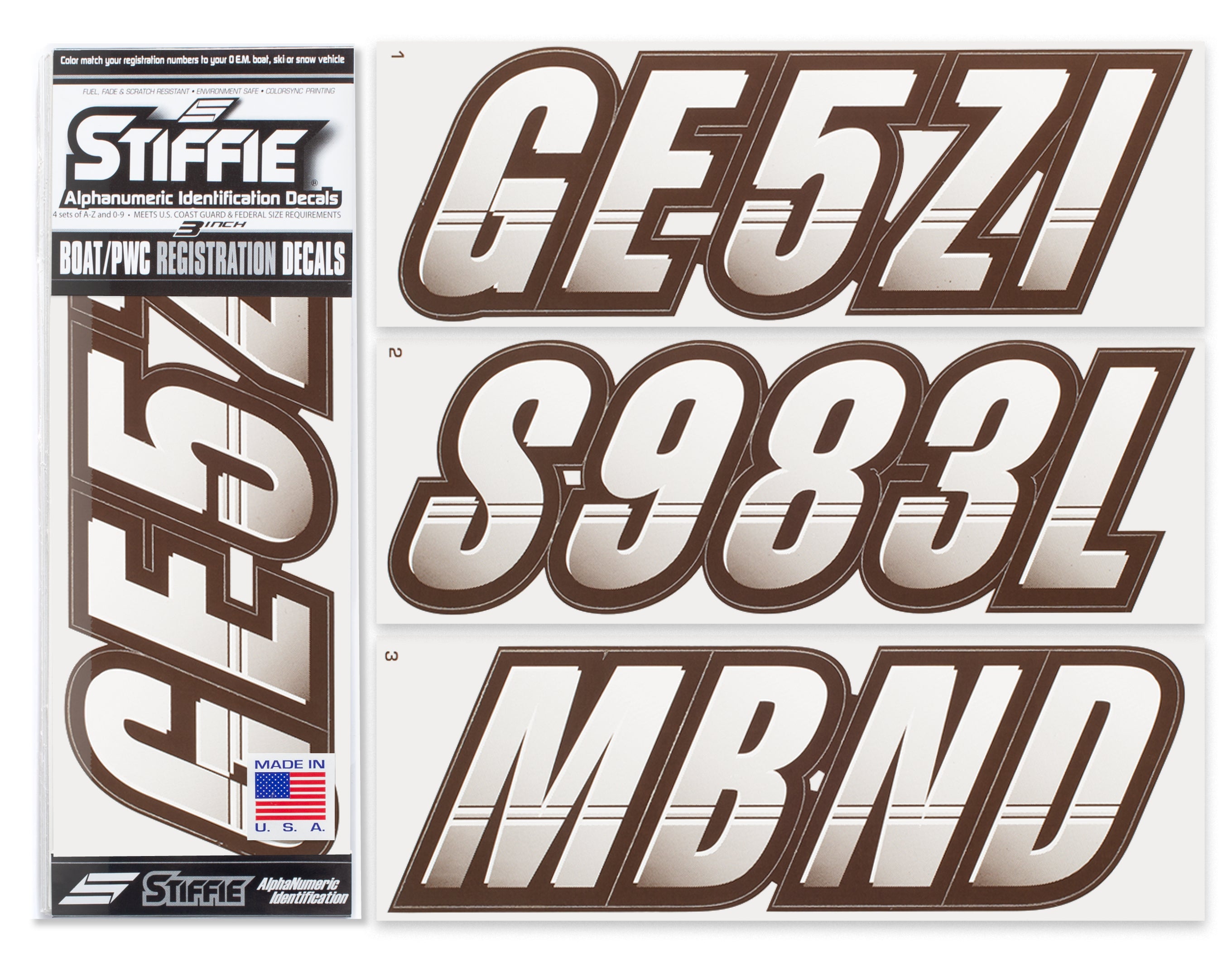 Stiffie Techtron White/Espresso Brown 3" Alpha-Numeric Registration Identification Numbers Stickers Decals for Boats & Personal Watercraft