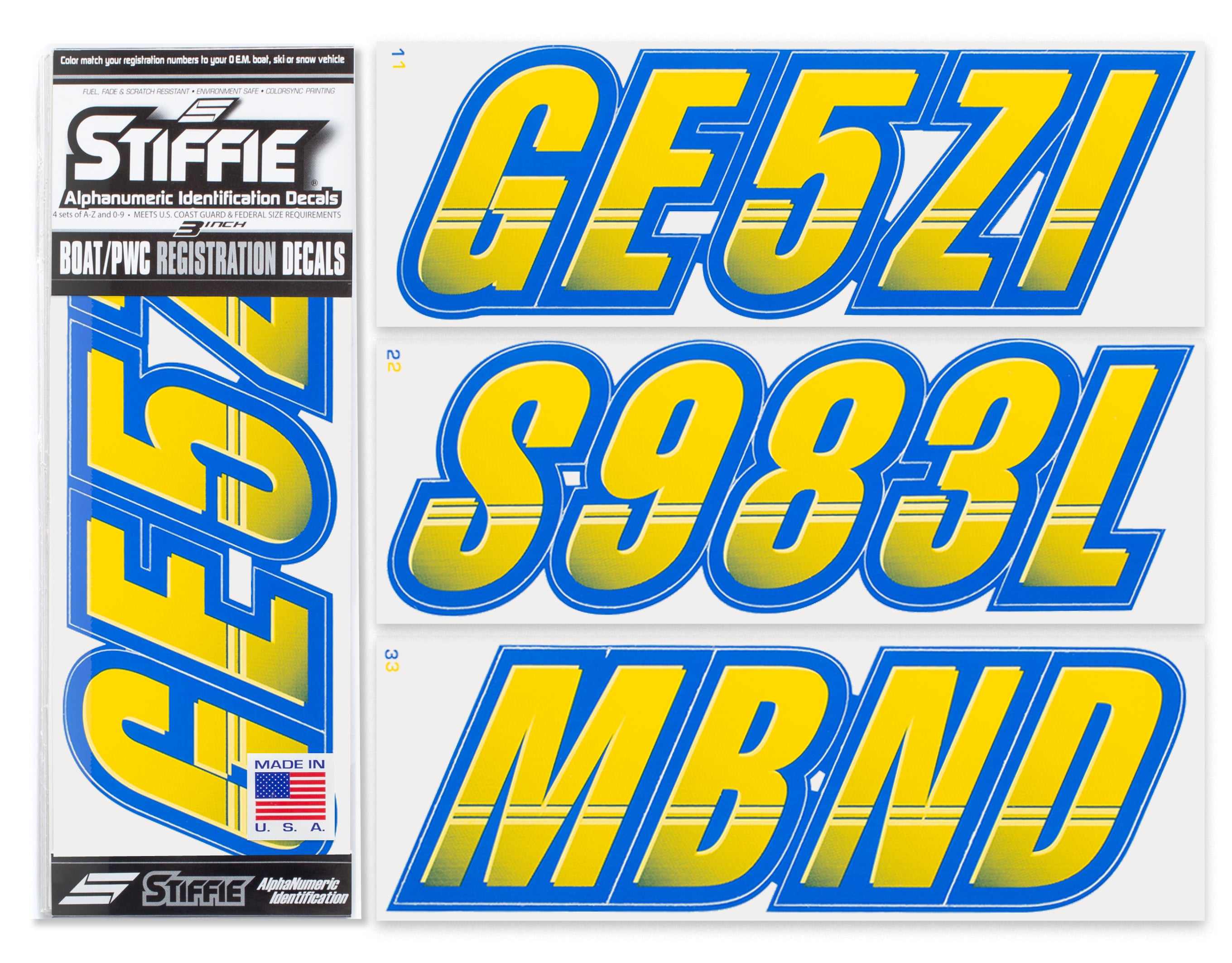 STIFFIE Techtron Yellow/Blue 3" Alpha-Numeric Registration Identification Numbers Stickers Decals for Boats & Personal Watercraft