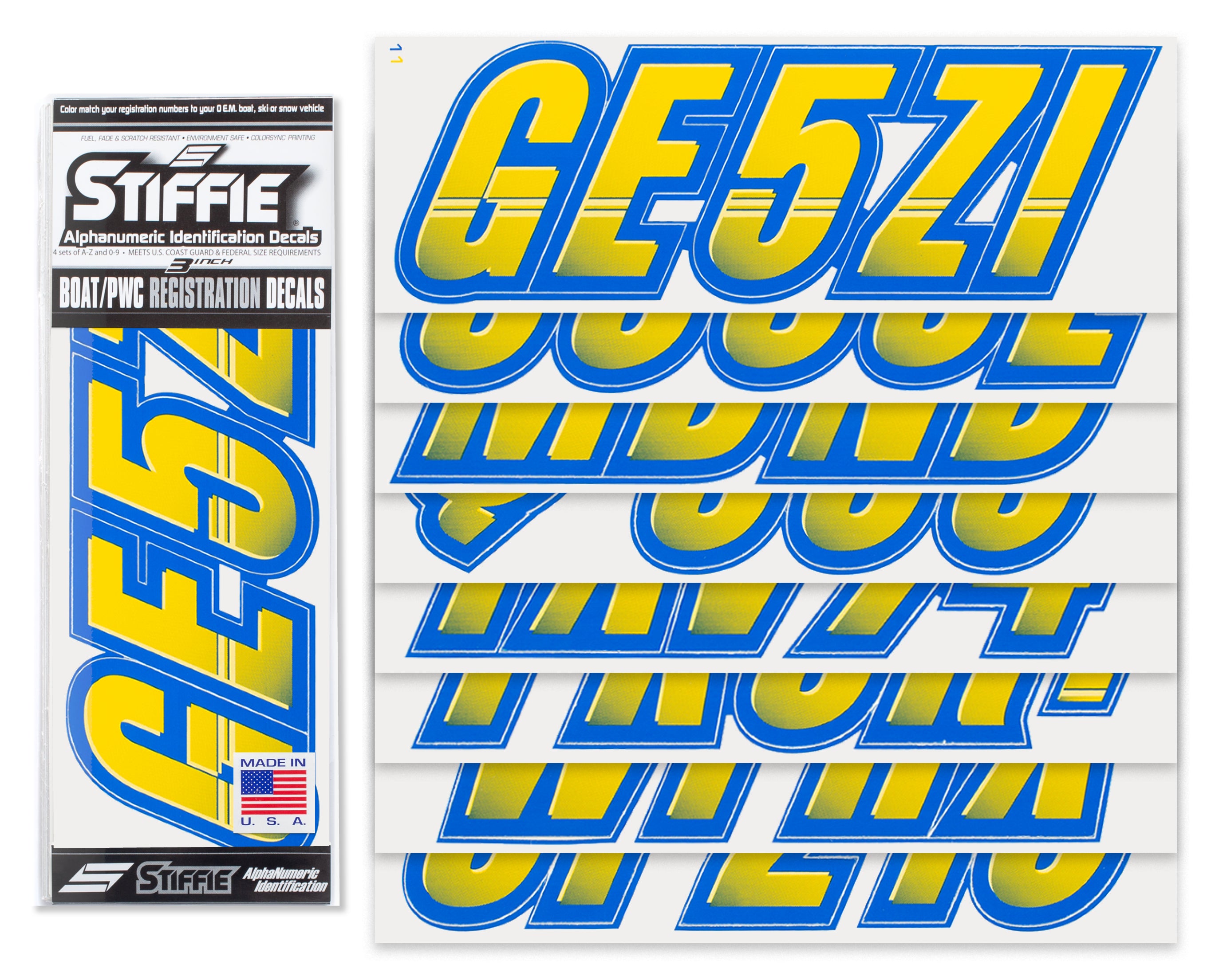 STIFFIE Techtron Yellow/Blue 3" Alpha-Numeric Registration Identification Numbers Stickers Decals for Boats & Personal Watercraft