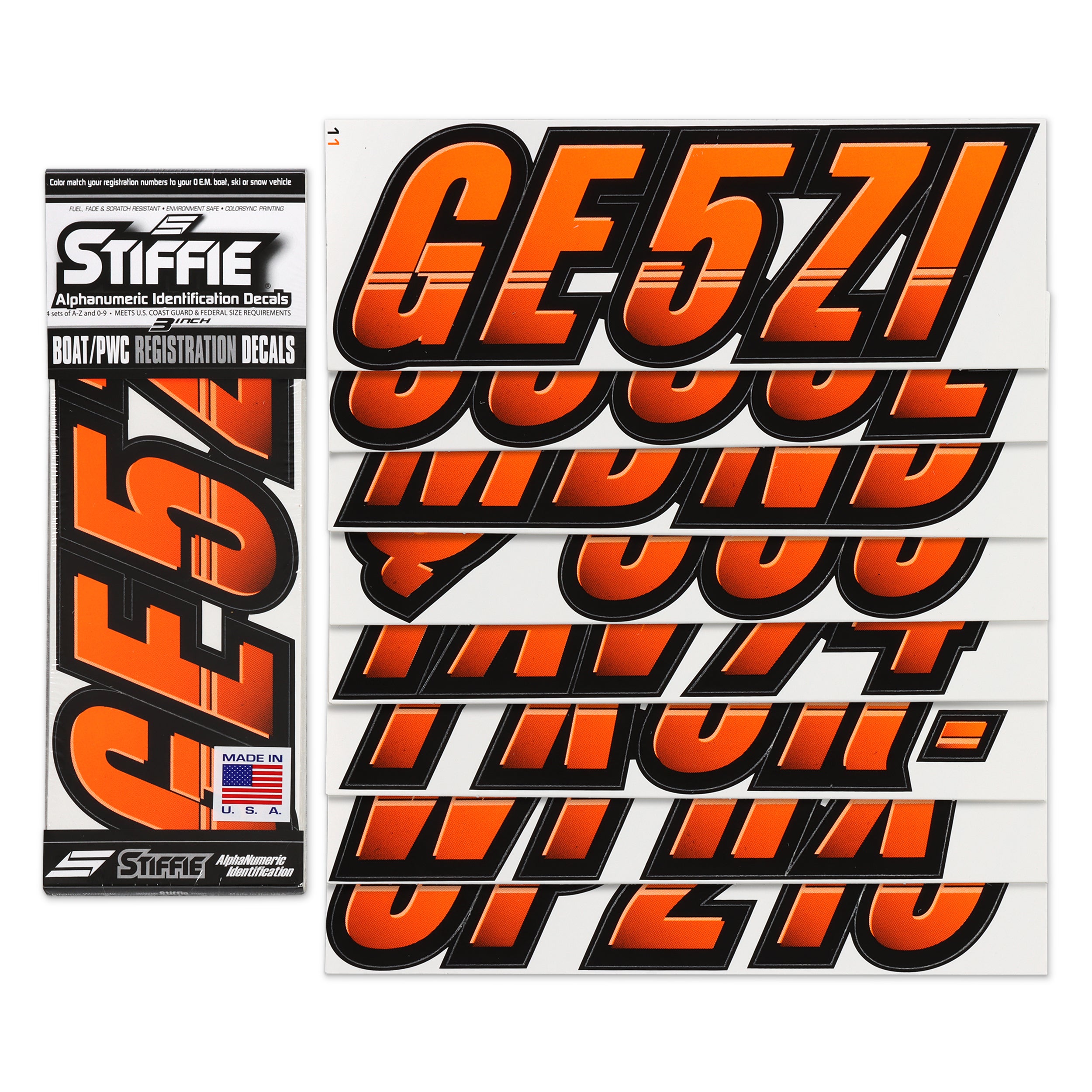 STIFFIE Techtron Electric Orange / Black 3" Alpha-Numeric Registration Identification Numbers Stickers Decals for Boats & Personal Watercraft