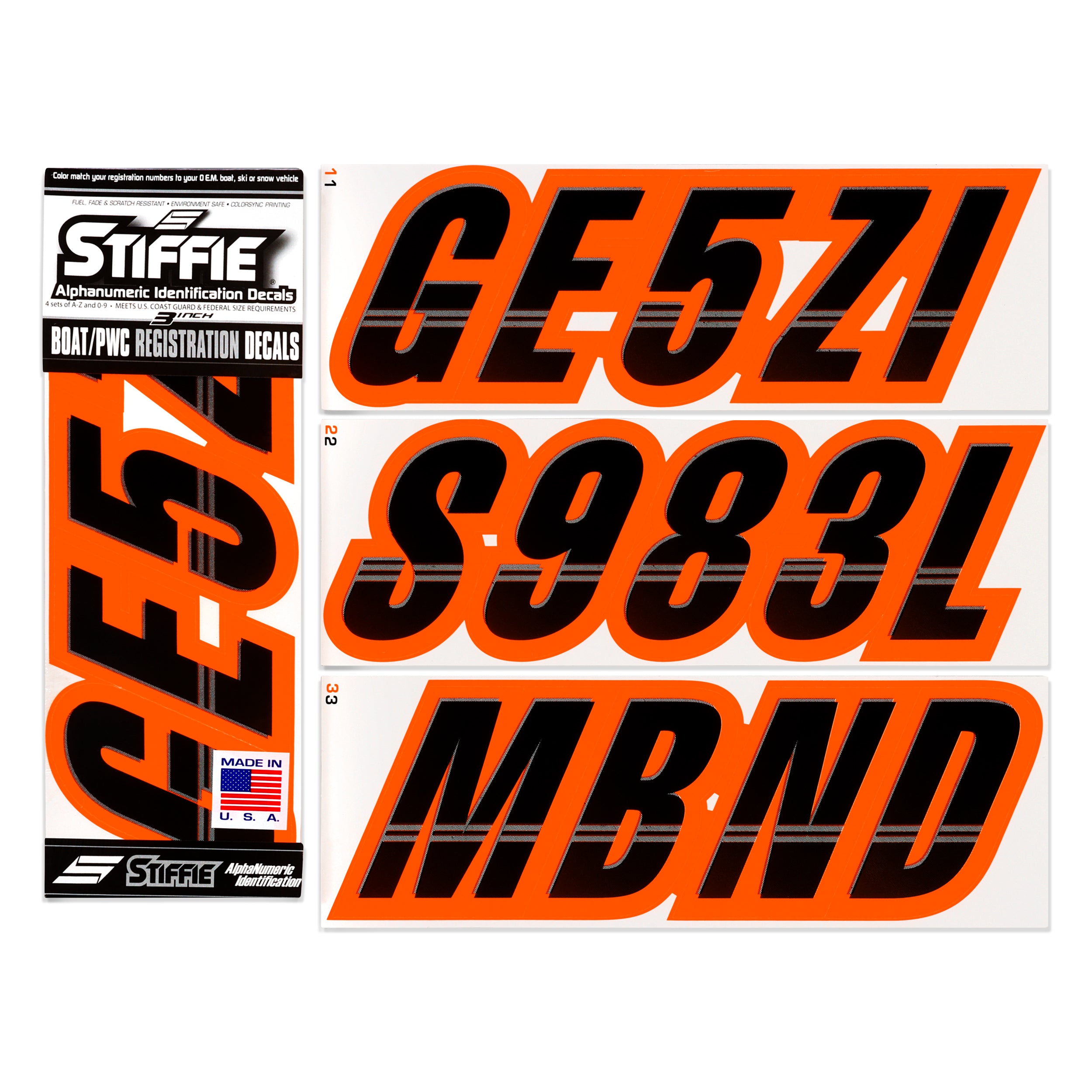 STIFFIE Techtron Black/Electric Orange 3" Alpha-Numeric Registration Identification Numbers Stickers Decals for Boats & Personal Watercraft