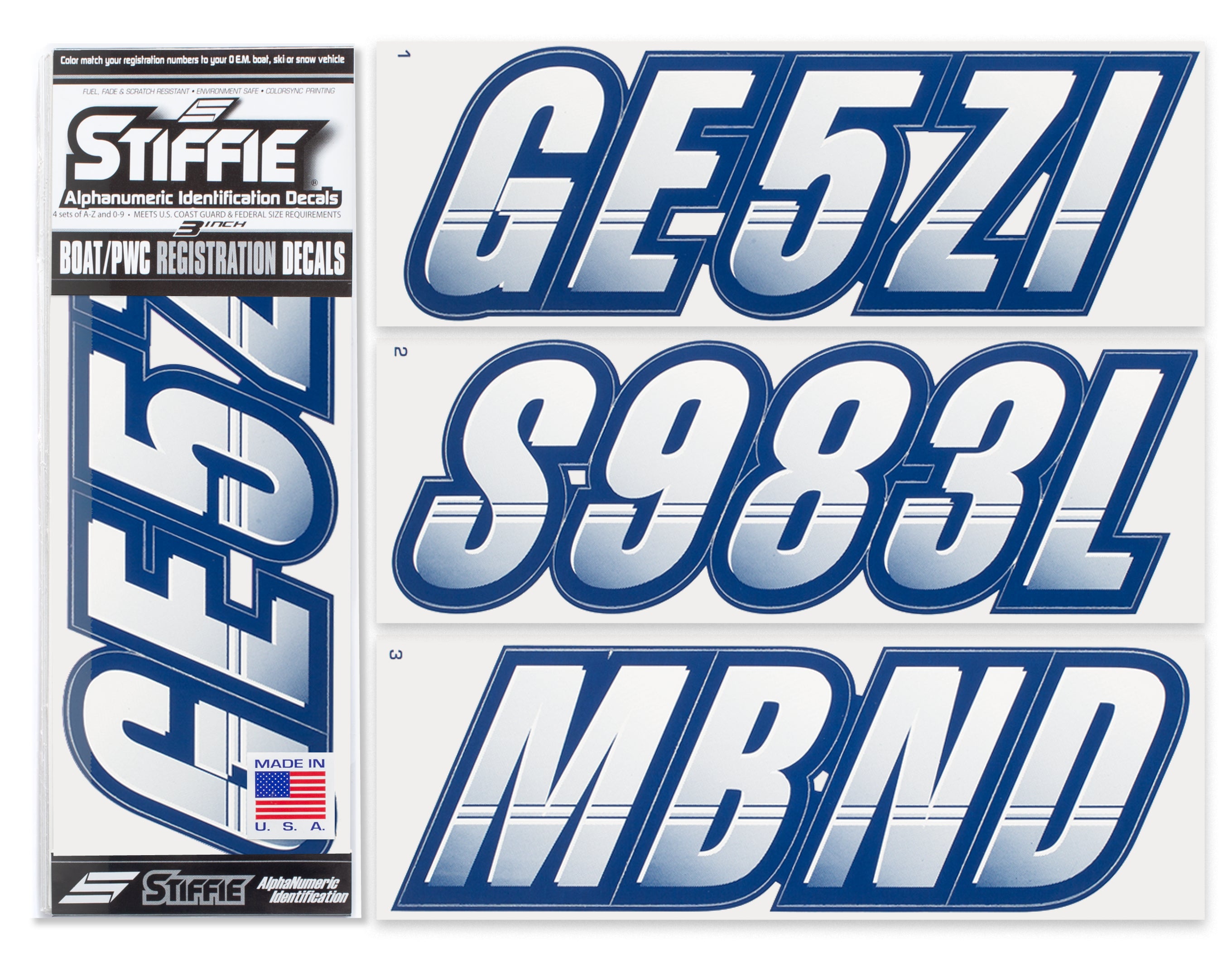 STIFFIE Techtron White/Navy 3" Alpha-Numeric Registration Identification Numbers Stickers Decals for Boats & Personal Watercraft