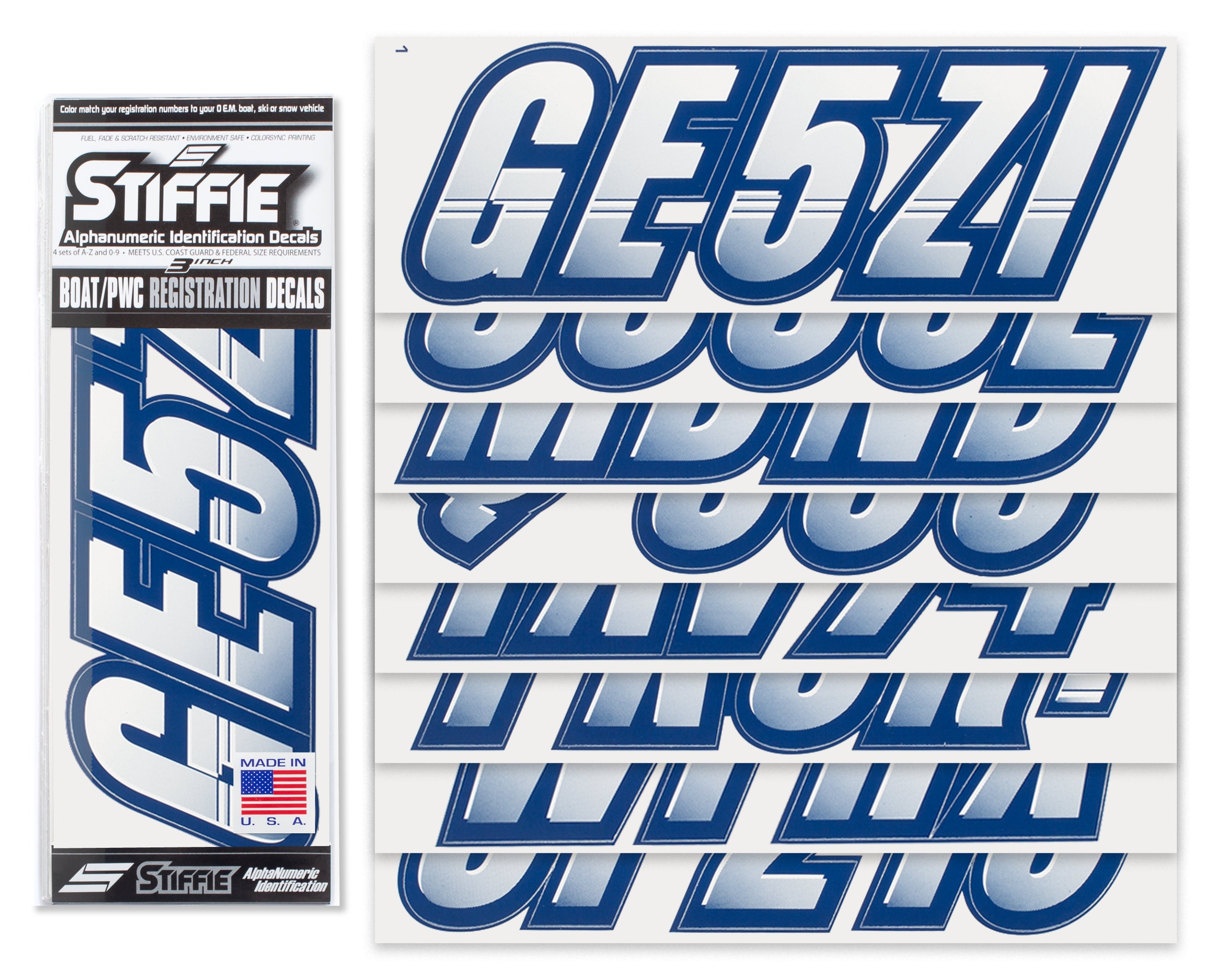 STIFFIE Techtron White/Navy 3" Alpha-Numeric Registration Identification Numbers Stickers Decals for Boats & Personal Watercraft