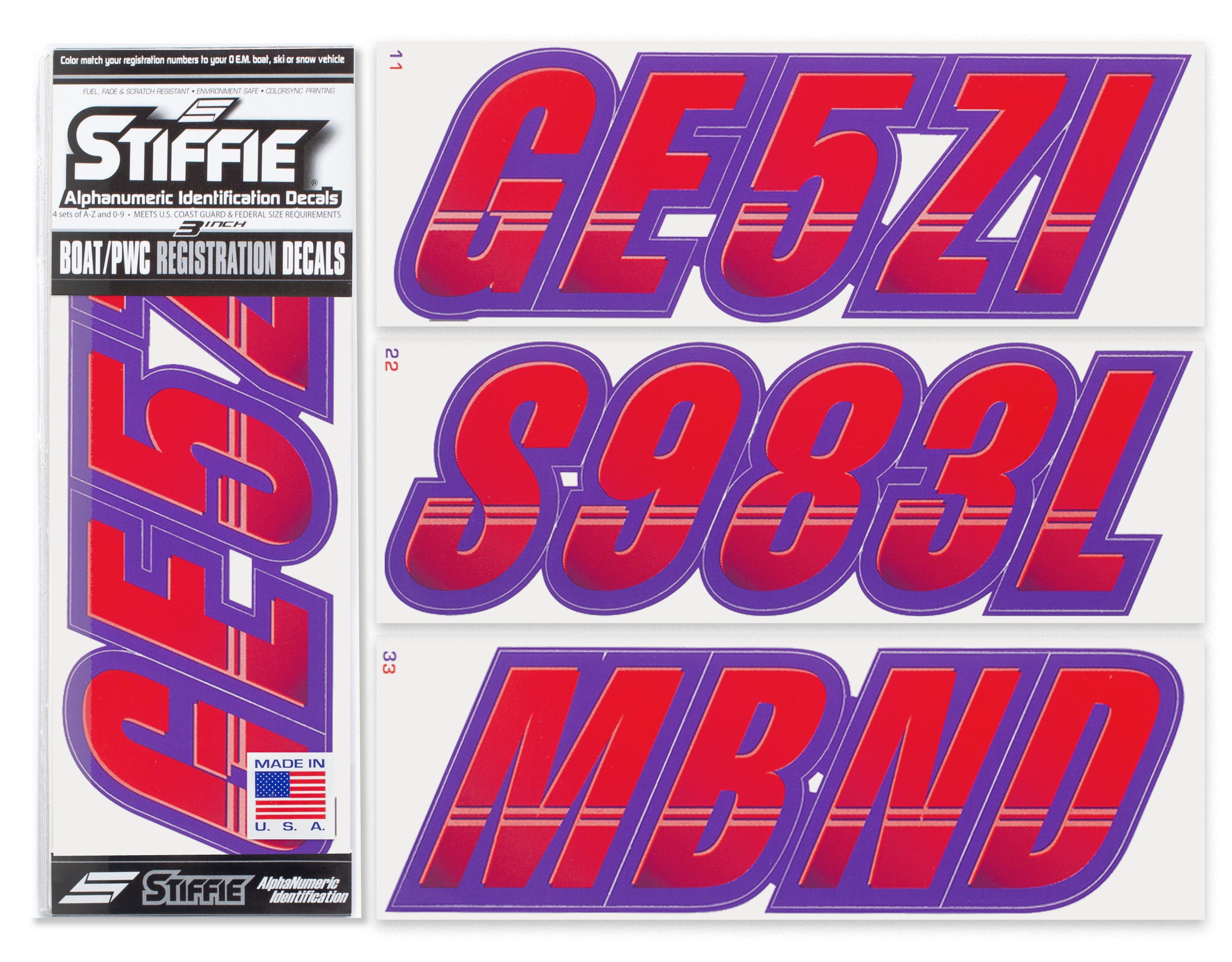 STIFFIE Techtron Red/Purple 3" Alpha-Numeric Registration Identification Numbers Stickers Decals for Boats & Personal Watercraft