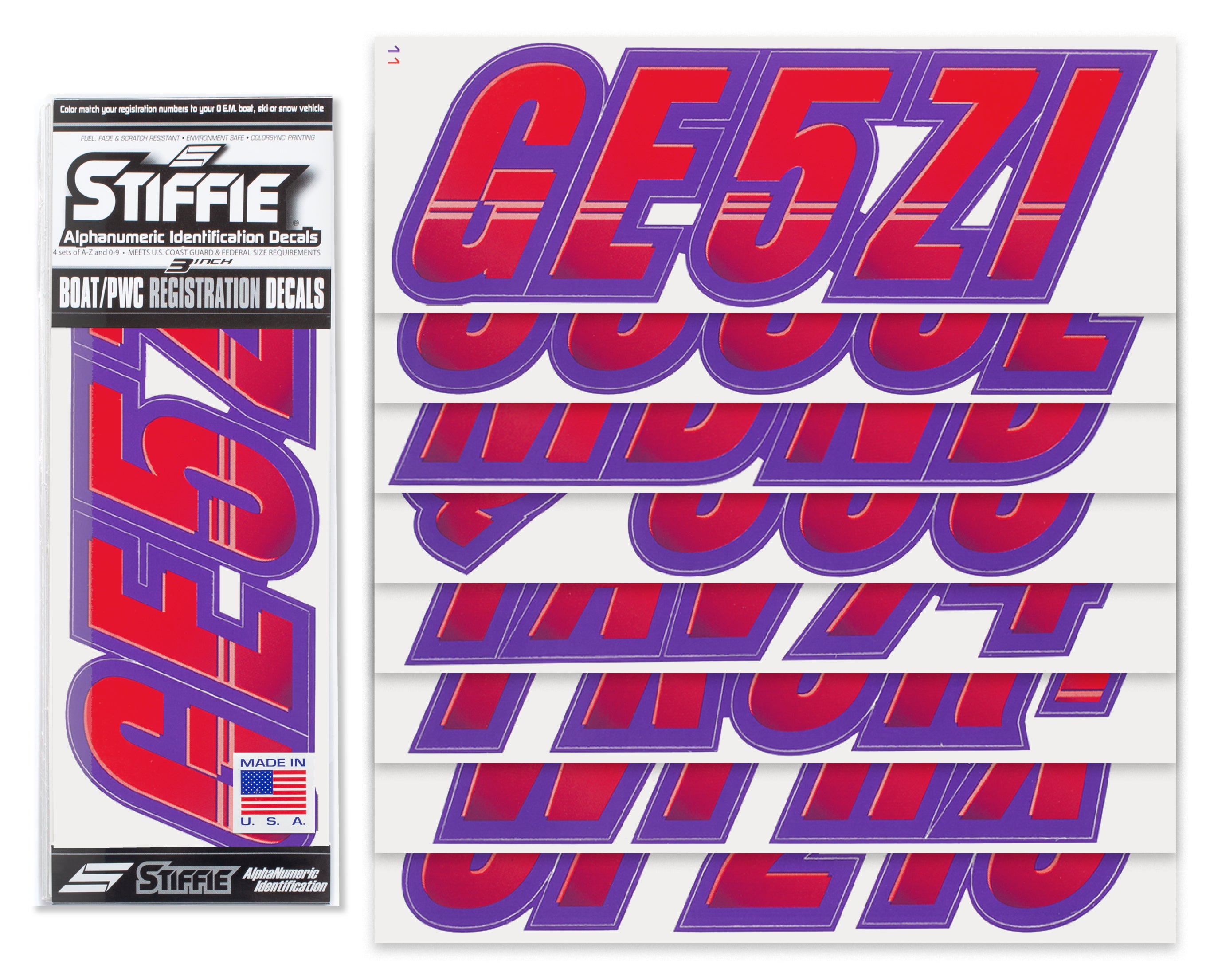 STIFFIE Techtron Red/Purple 3" Alpha-Numeric Registration Identification Numbers Stickers Decals for Boats & Personal Watercraft