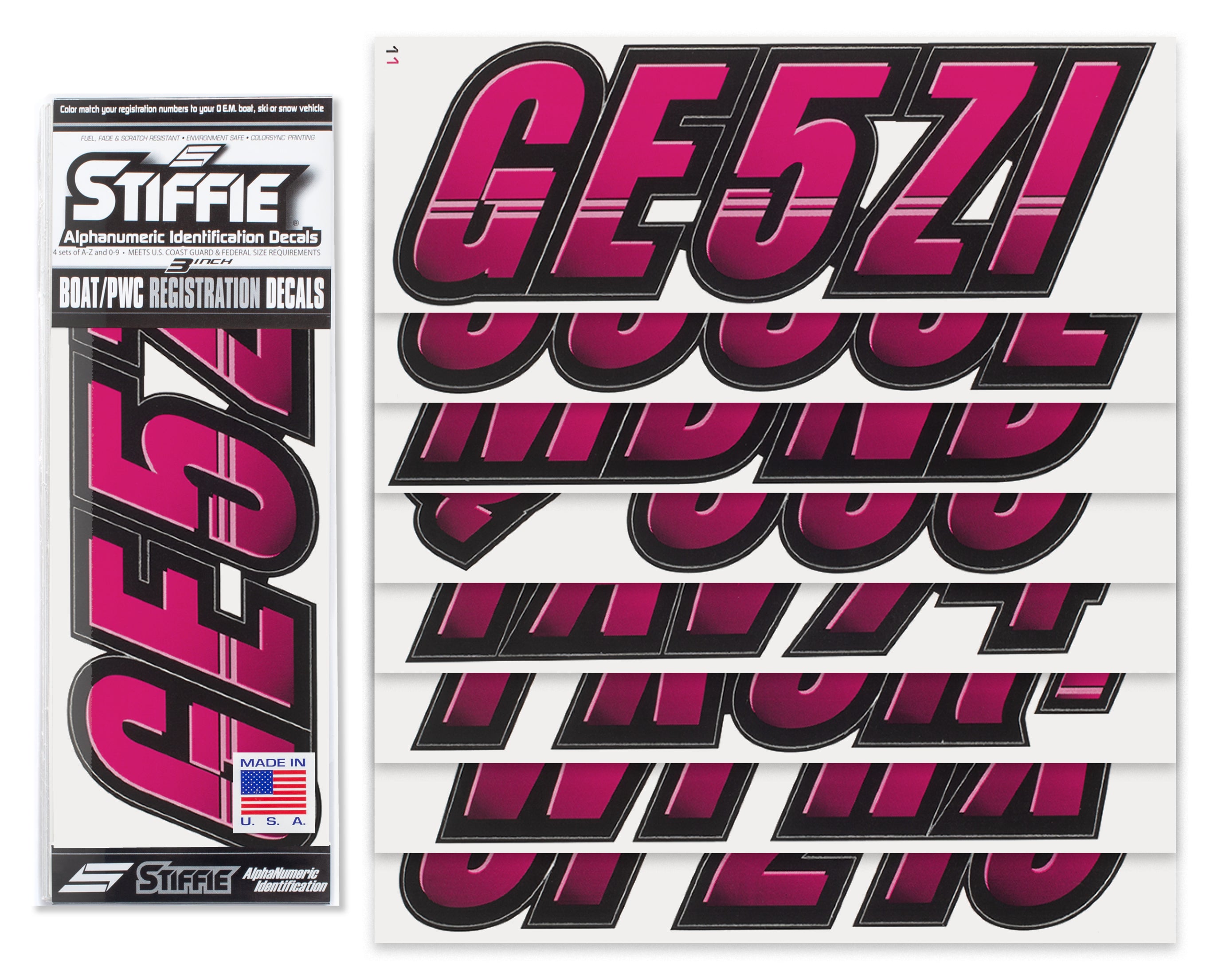 Stiffie Techtron Berry/Black 3" Alpha-Numeric Registration Identification Numbers Stickers Decals for Boats & Personal Watercraft