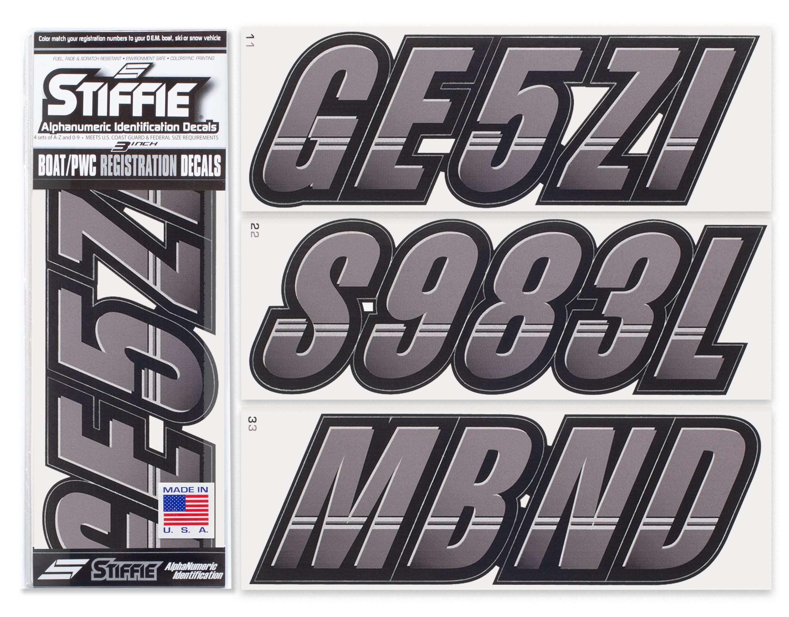 Techtron Gunmetal/Black 3" Alpha-Numeric Registration Identification Numbers Stickers Decals for Boats & Personal Watercraft