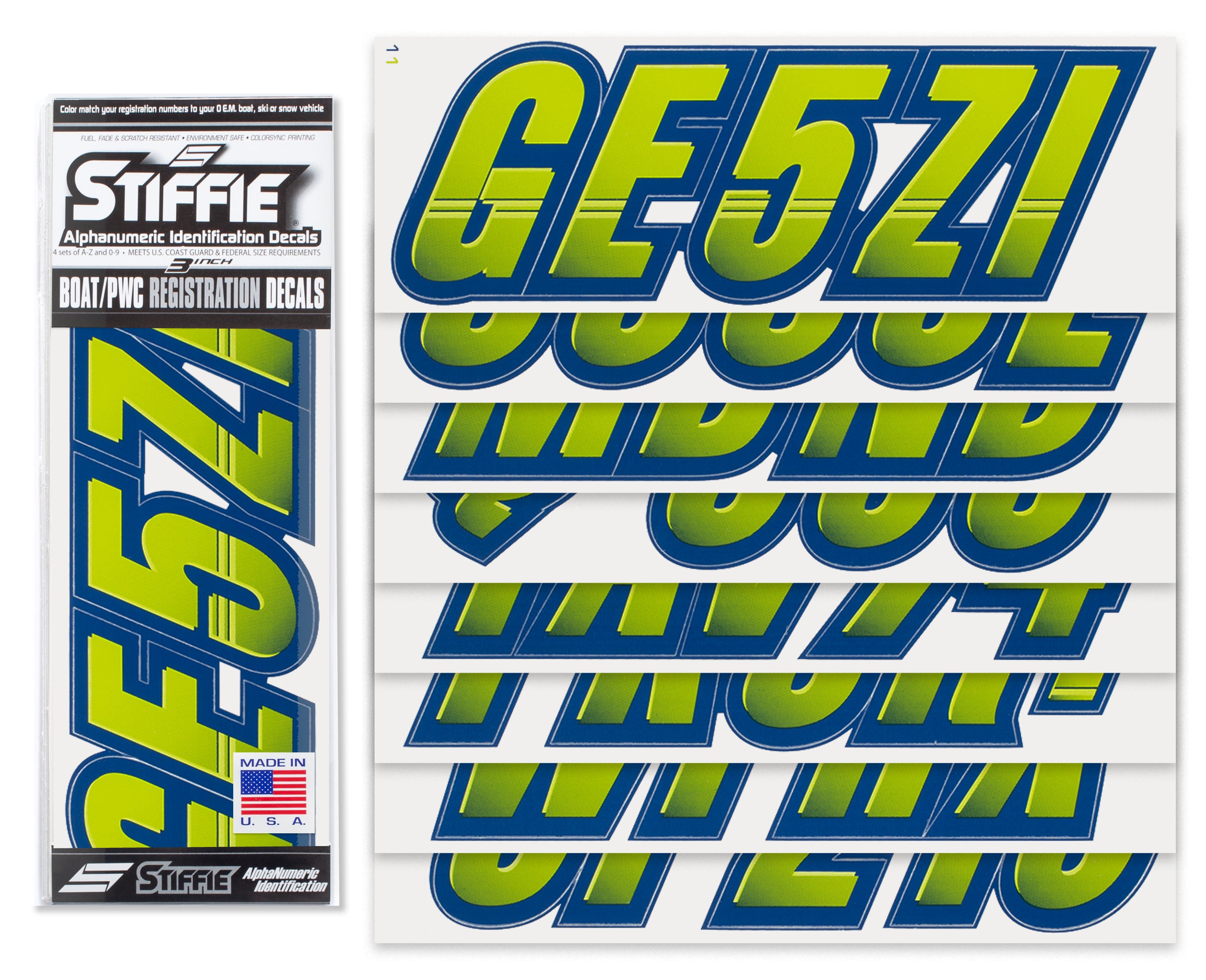 Stiffie Techtron Atomic Green/Navy 3" Alpha-Numeric Registration Identification Numbers Stickers Decals for Boats & Personal Watercraft