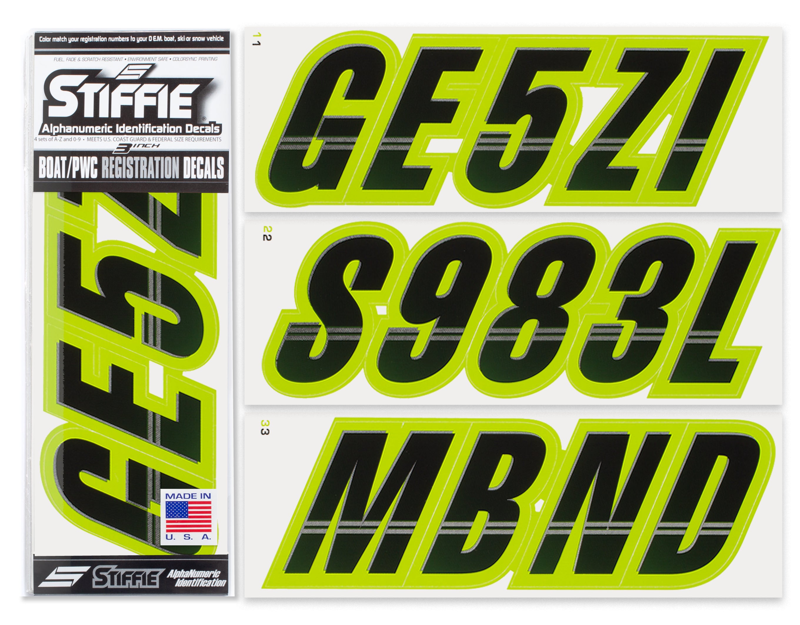 Stiffie Techtron Black/Atomic Green 3" Alpha-Numeric Registration Identification Numbers Stickers Decals for Boats & Personal Watercraft