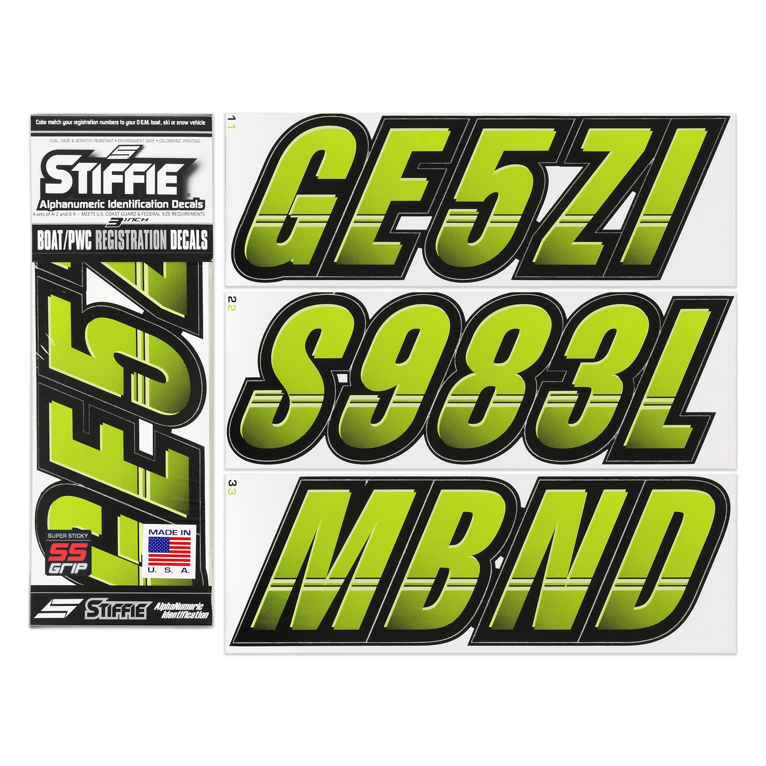 Stiffie Techtron Atomic Green/Black Super Sticky 3" Alpha Numeric Registration Identification Numbers Stickers Decals for Sea-Doo Spark, Inflatable Boats, Ribs, Hypalon/PVC, PWC and Boats