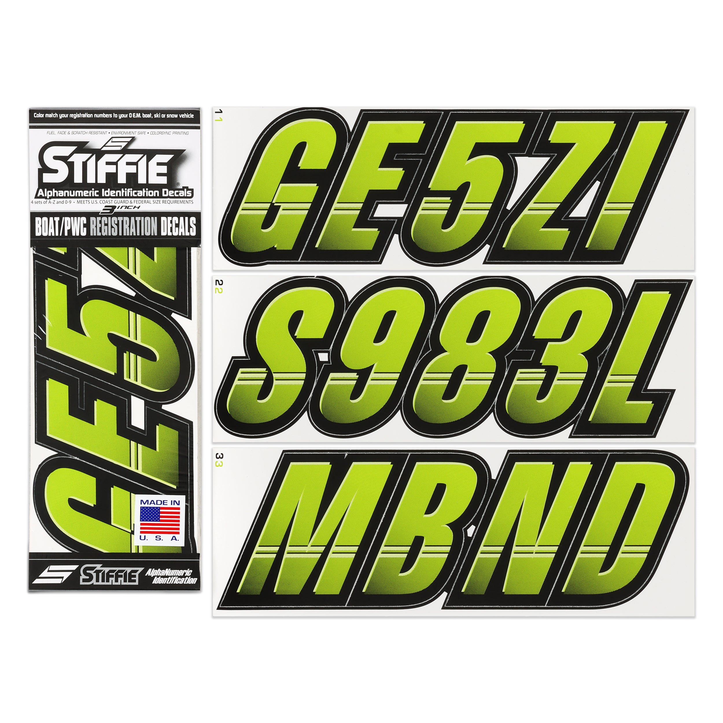 Stiffie Techtron Atomic Green/Black 3" Alpha-Numeric Registration Identification Numbers Stickers Decals for Boats & Personal Watercraft