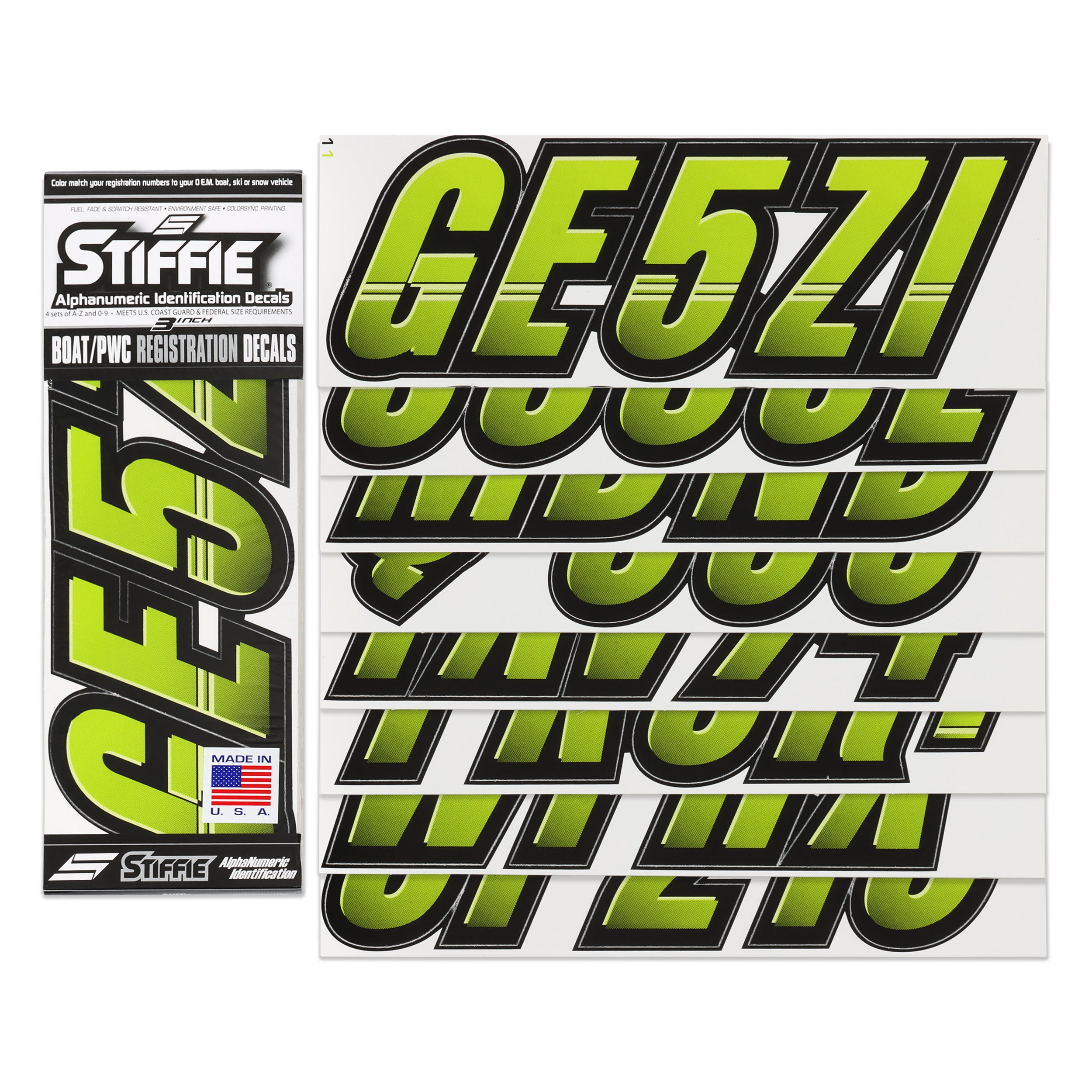 Stiffie Techtron Atomic Green/Black 3" Alpha-Numeric Registration Identification Numbers Stickers Decals for Boats & Personal Watercraft