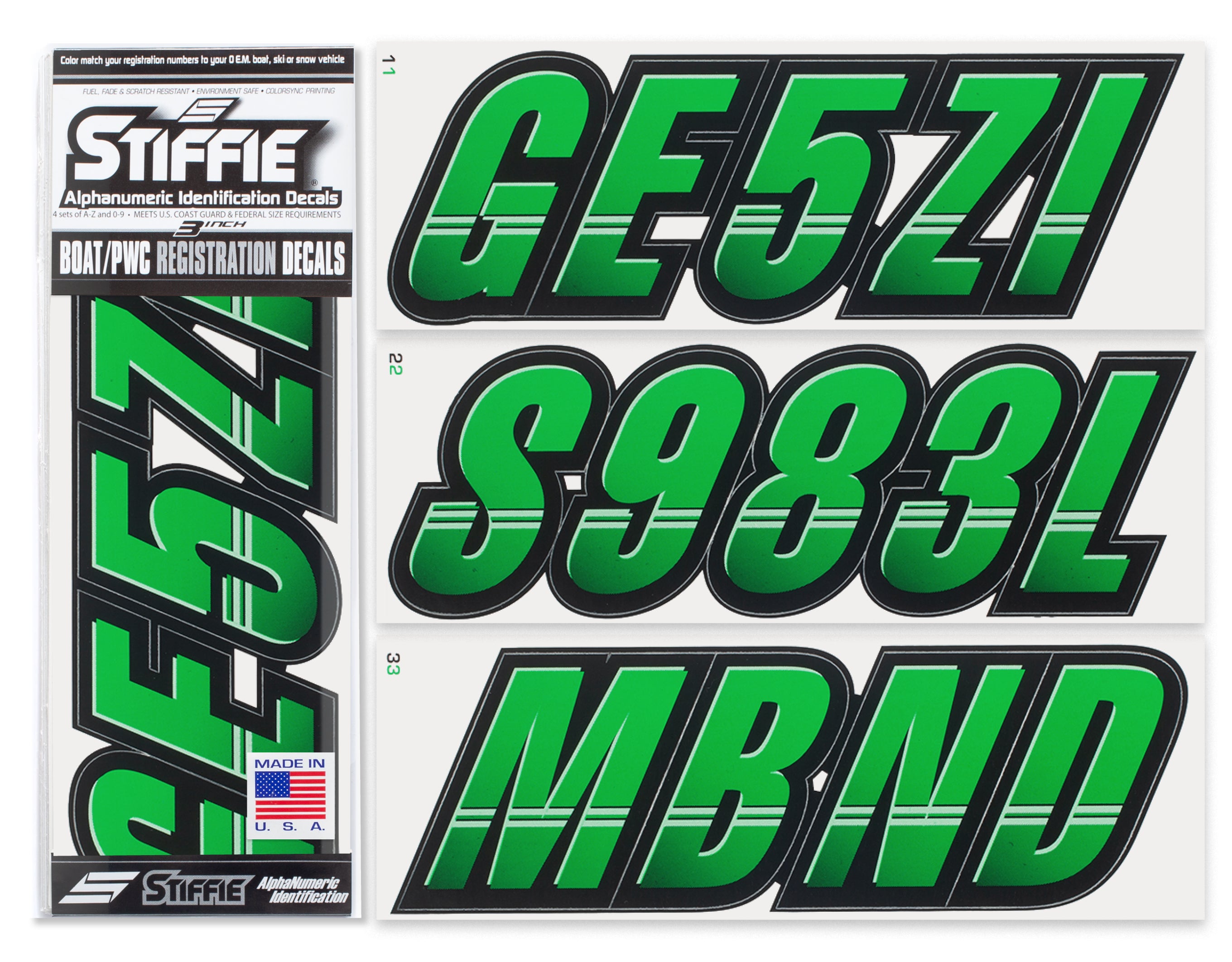 Techtron Green/Black 3" Alpha-Numeric Registration Identification Numbers Stickers Decals for Boats & Personal Watercraft