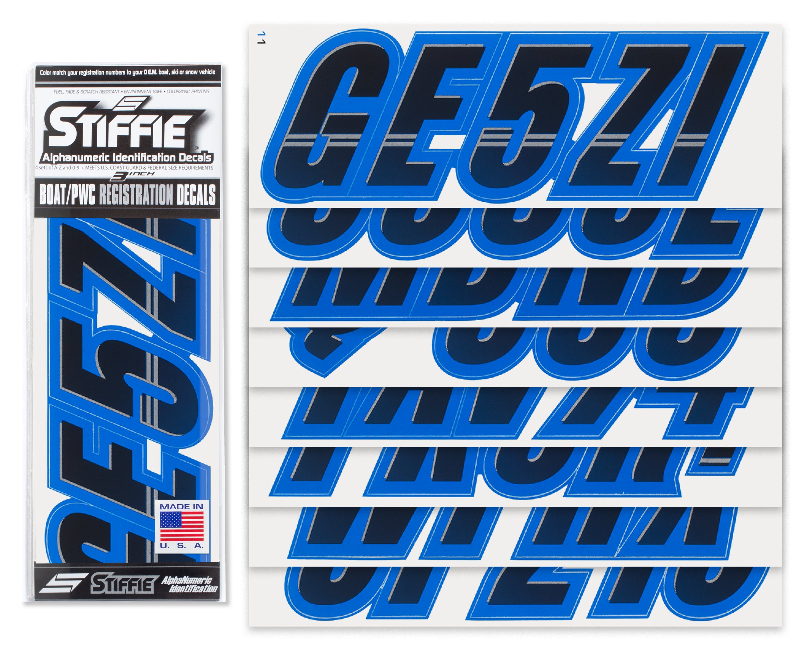 Techtron Black/Blue 3" Alpha-Numeric Registration Identification Numbers Stickers Decals for Boats & Personal Watercraft
