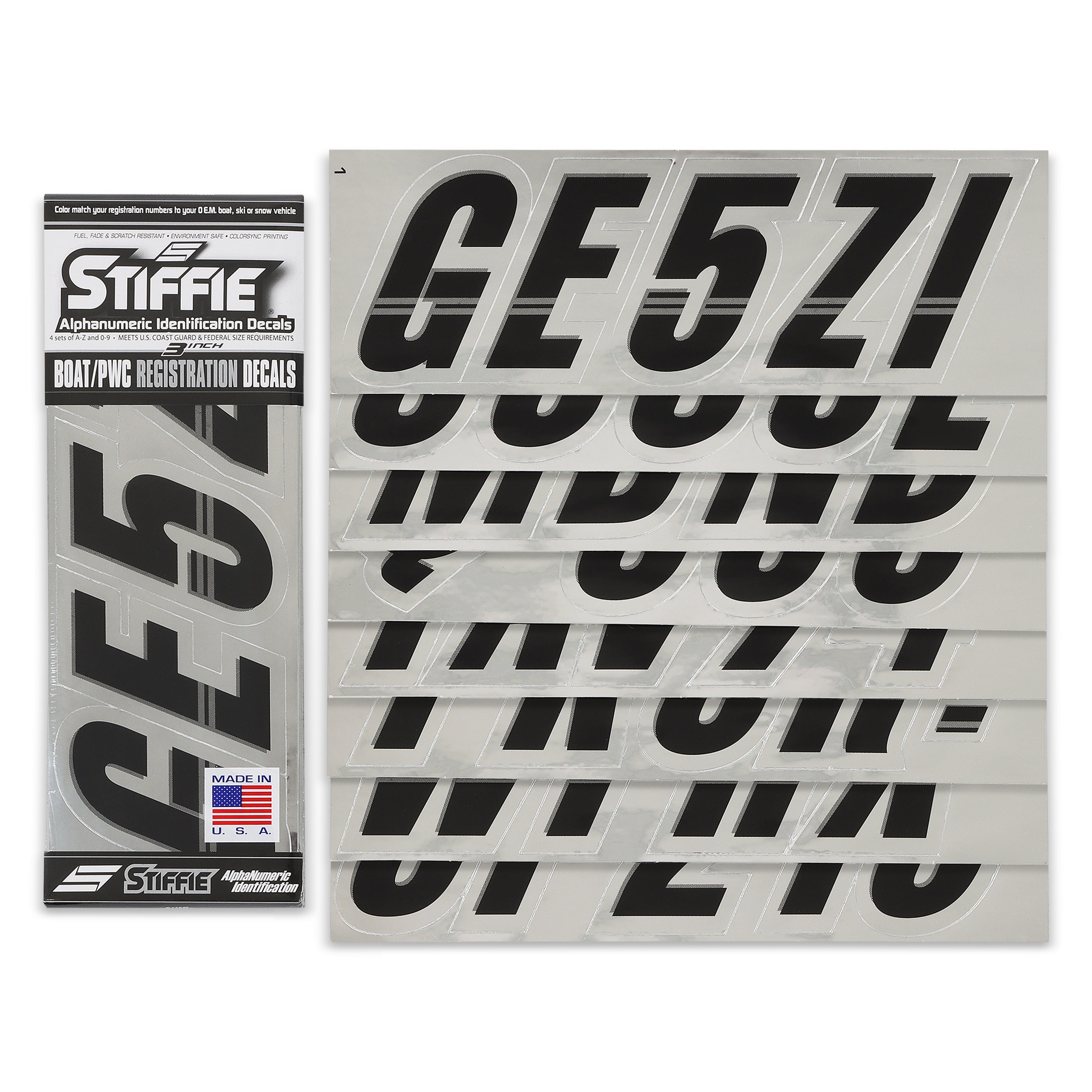 STIFFIE Techtron Black/Chrome 3" Alpha-Numeric Registration Identification Numbers Stickers Decals for Boats & Personal Watercraft