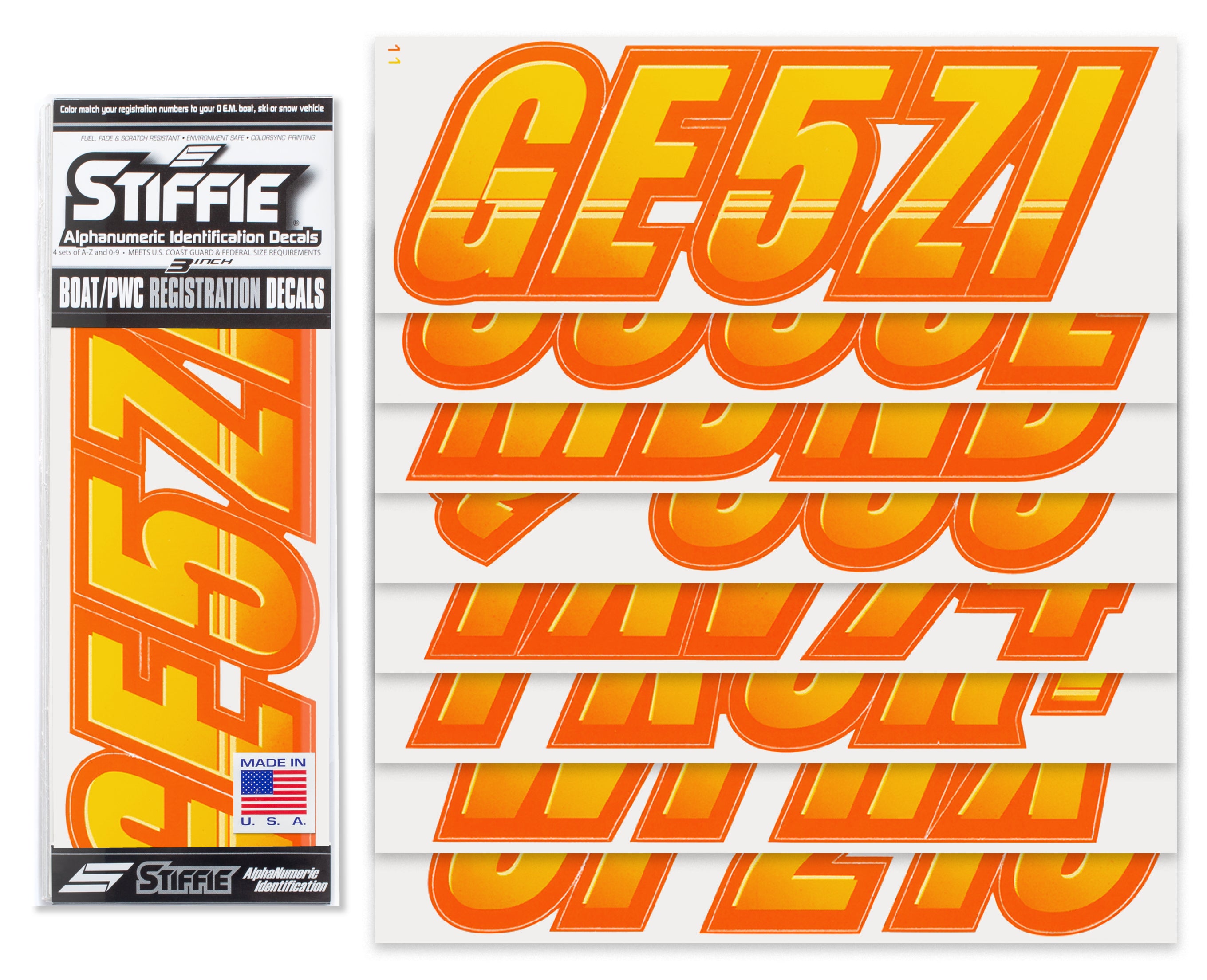 Techtron Yellow/Orange 3" Alpha-Numeric Registration Identification Numbers Stickers Decals for Boats & Personal Watercraft