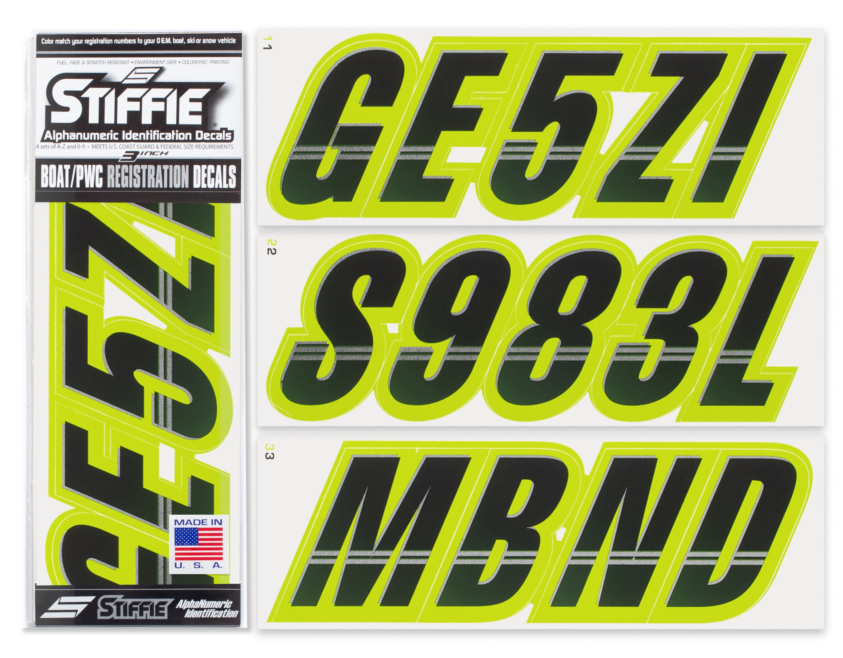 STIFFIE Techtron Black/Electric Lime 3" Alpha-Numeric Registration Identification Numbers Stickers Decals for Boats & Personal Watercraft