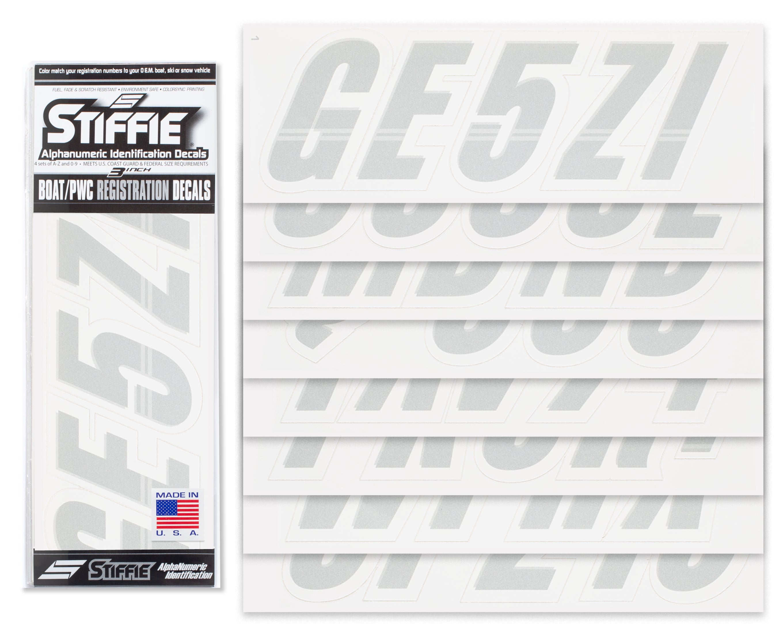 Techtron Silver/White 3" Alpha-Numeric Registration Identification Numbers Stickers Decals for Boats & Personal Watercraft