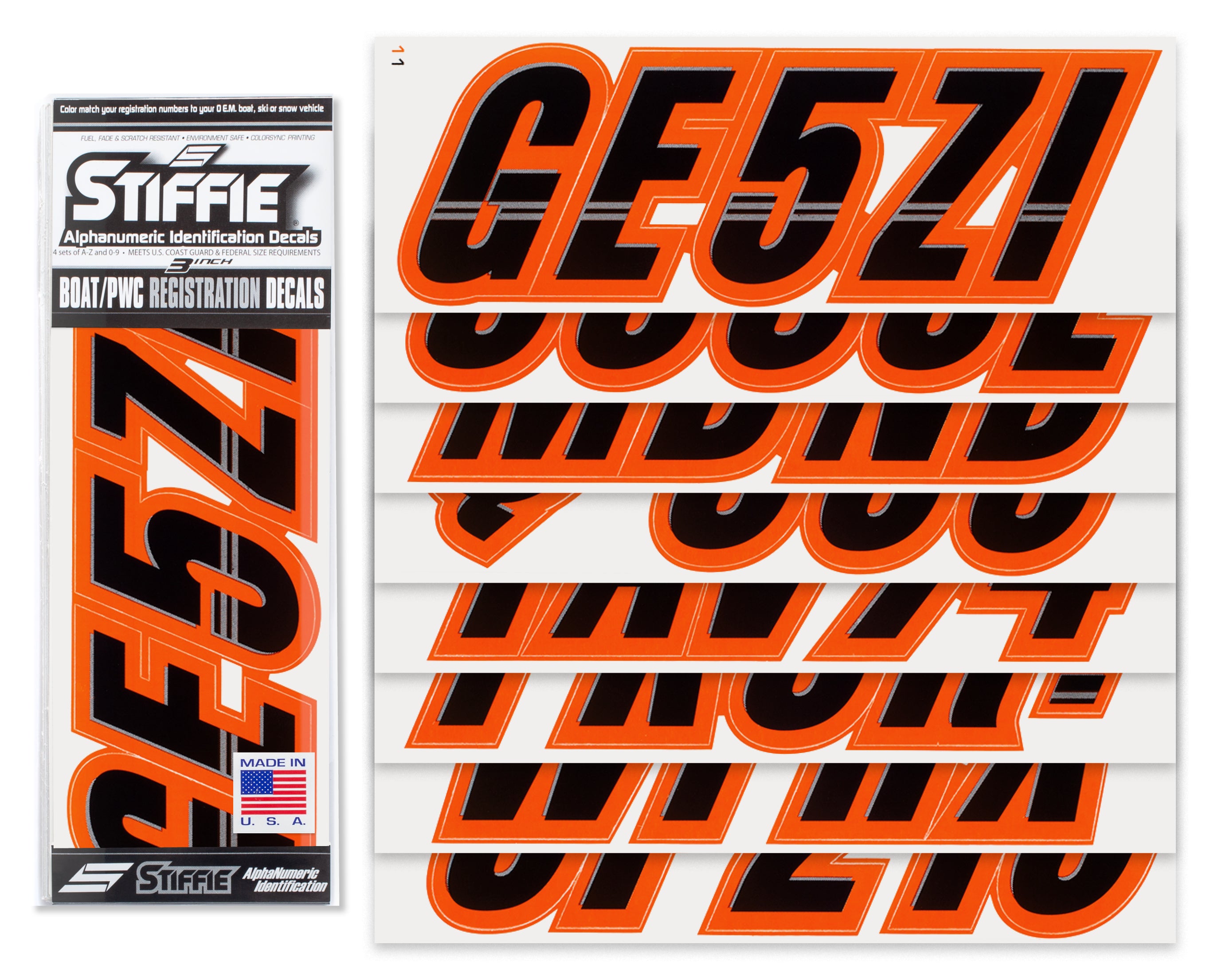 Techtron Black/Orange 3" Alpha-Numeric Registration Identification Numbers Stickers Decals for Boats & Personal Watercraft
