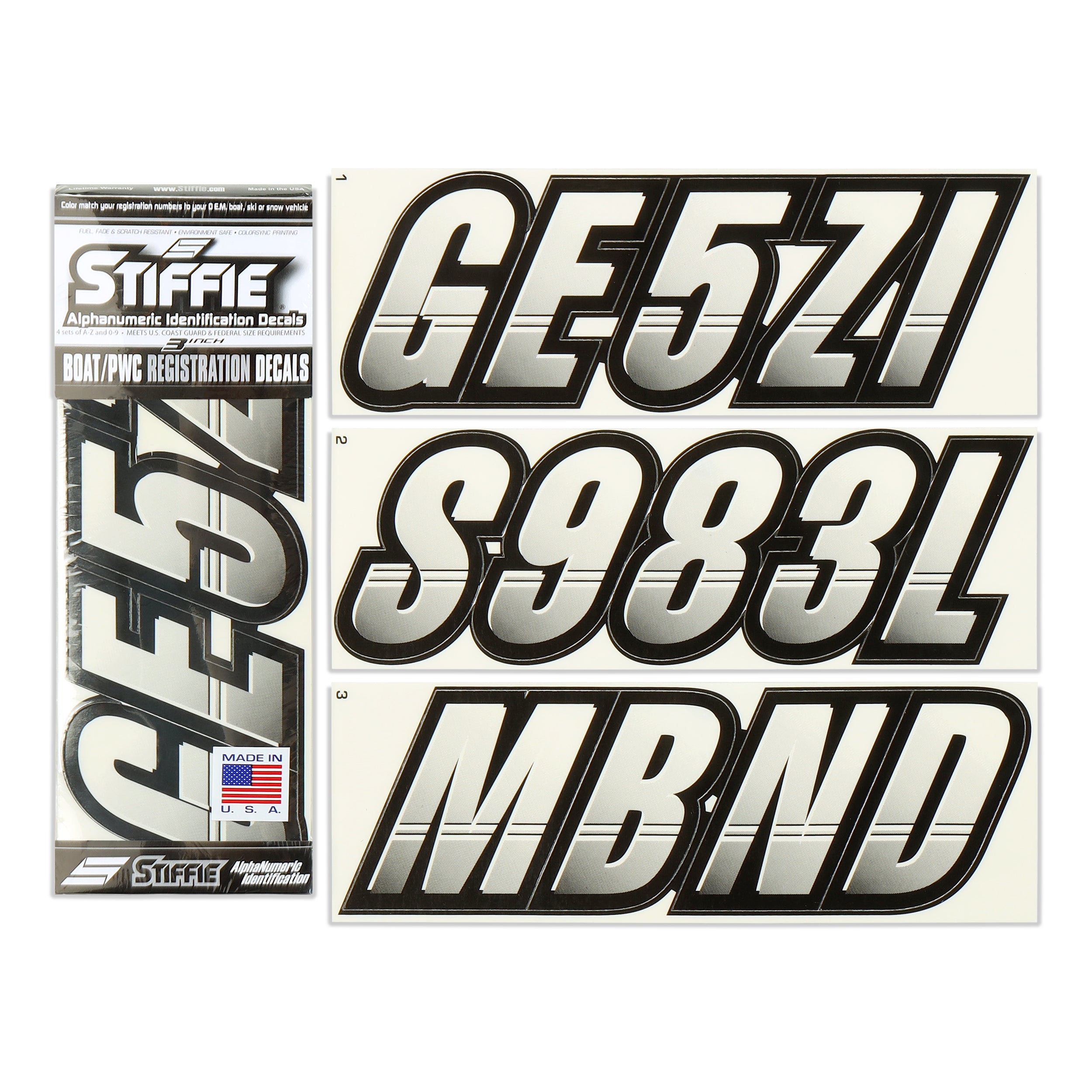 Stiffie Techtron Transparent Clear/Black 3" Alpha-Numeric Registration Identification Numbers Stickers Decals for Boats & Personal Watercraft
