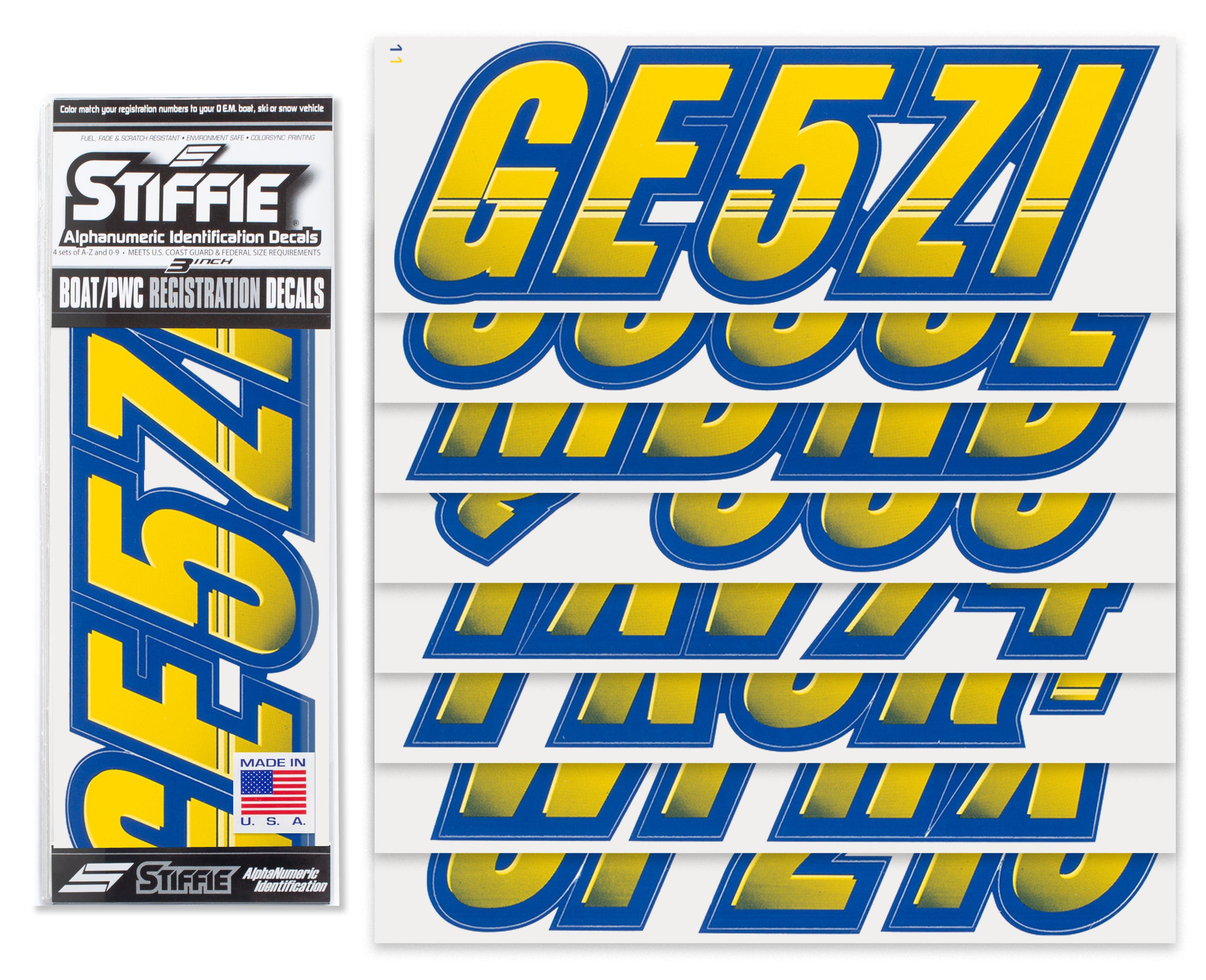 Techtron Yellow/Navy 3" Alpha-Numeric Registration Identification Numbers Stickers Decals for Boats & Personal Watercraft