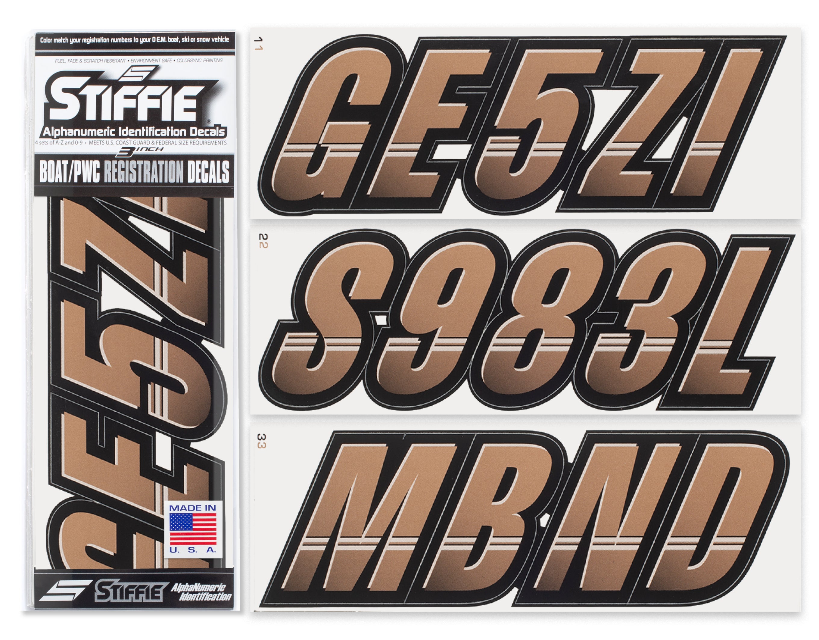 Techtron Metallic Copper/Black 3" Alpha-Numeric Registration Identification Numbers Stickers Decals for Boats & Personal Watercraft