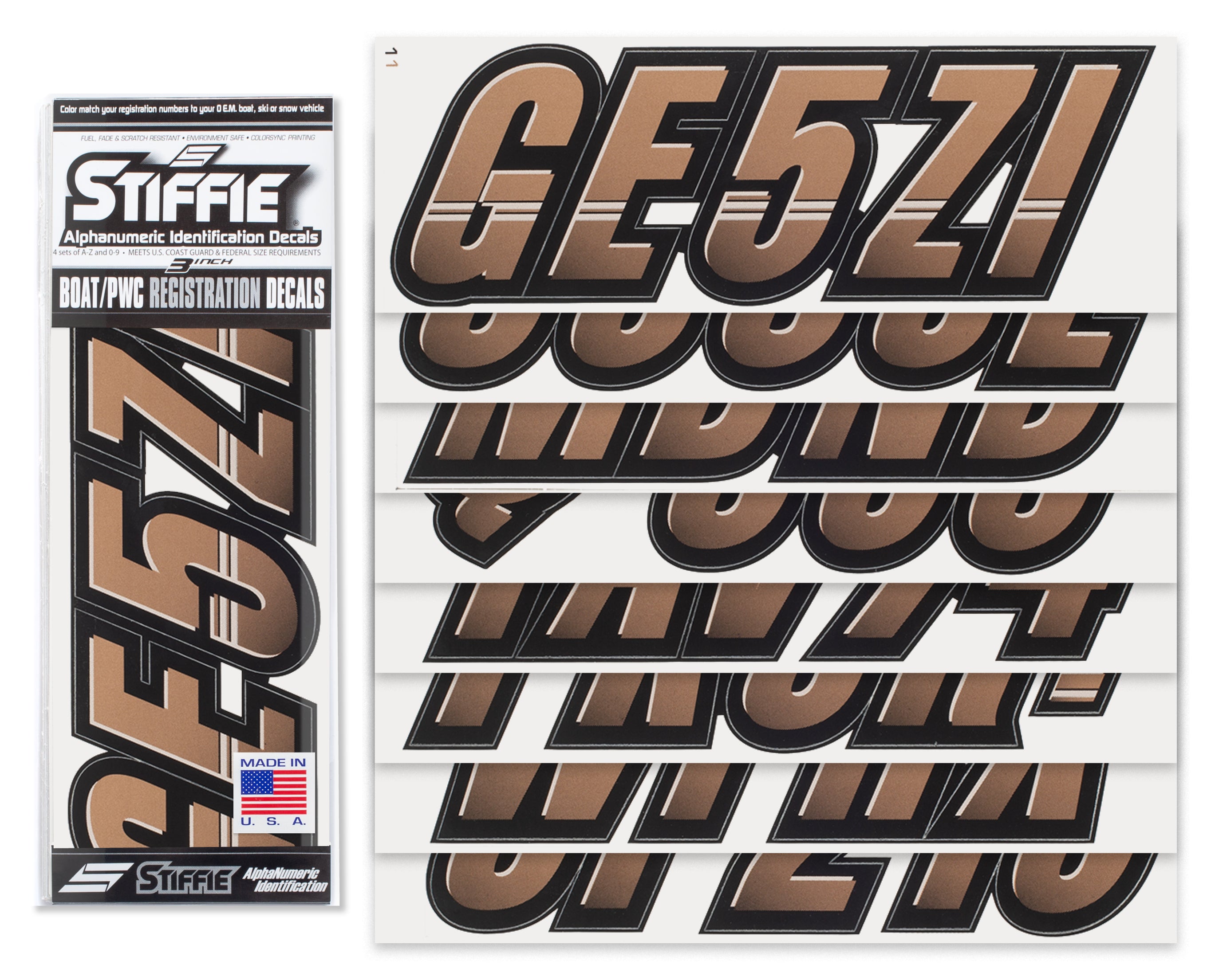 Techtron Metallic Copper/Black 3" Alpha-Numeric Registration Identification Numbers Stickers Decals for Boats & Personal Watercraft