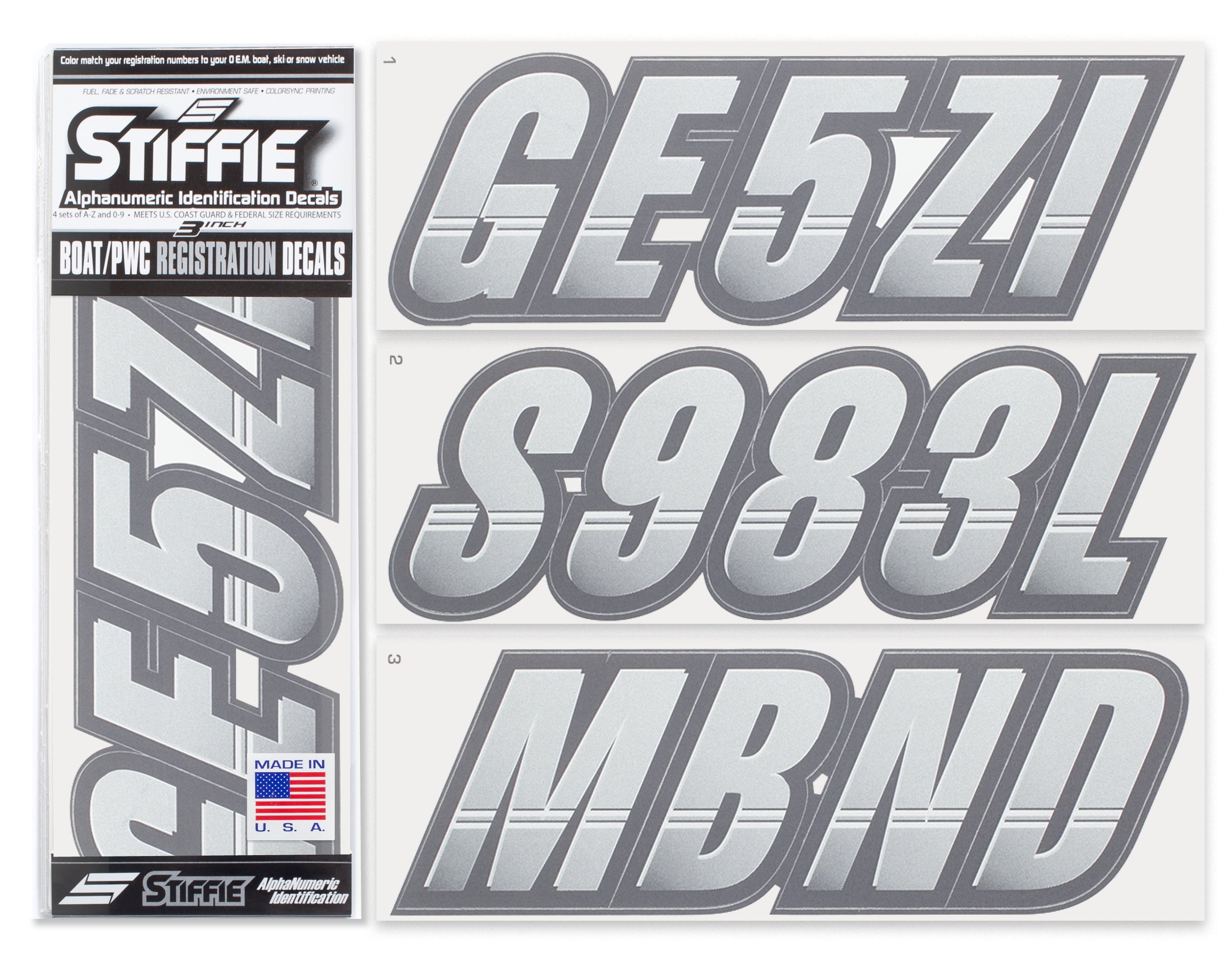 Stiffie Techtron Metallic Silver/Carbon 3" Alpha-Numeric Registration Identification Numbers Stickers Decals for Boats & Personal Watercraft