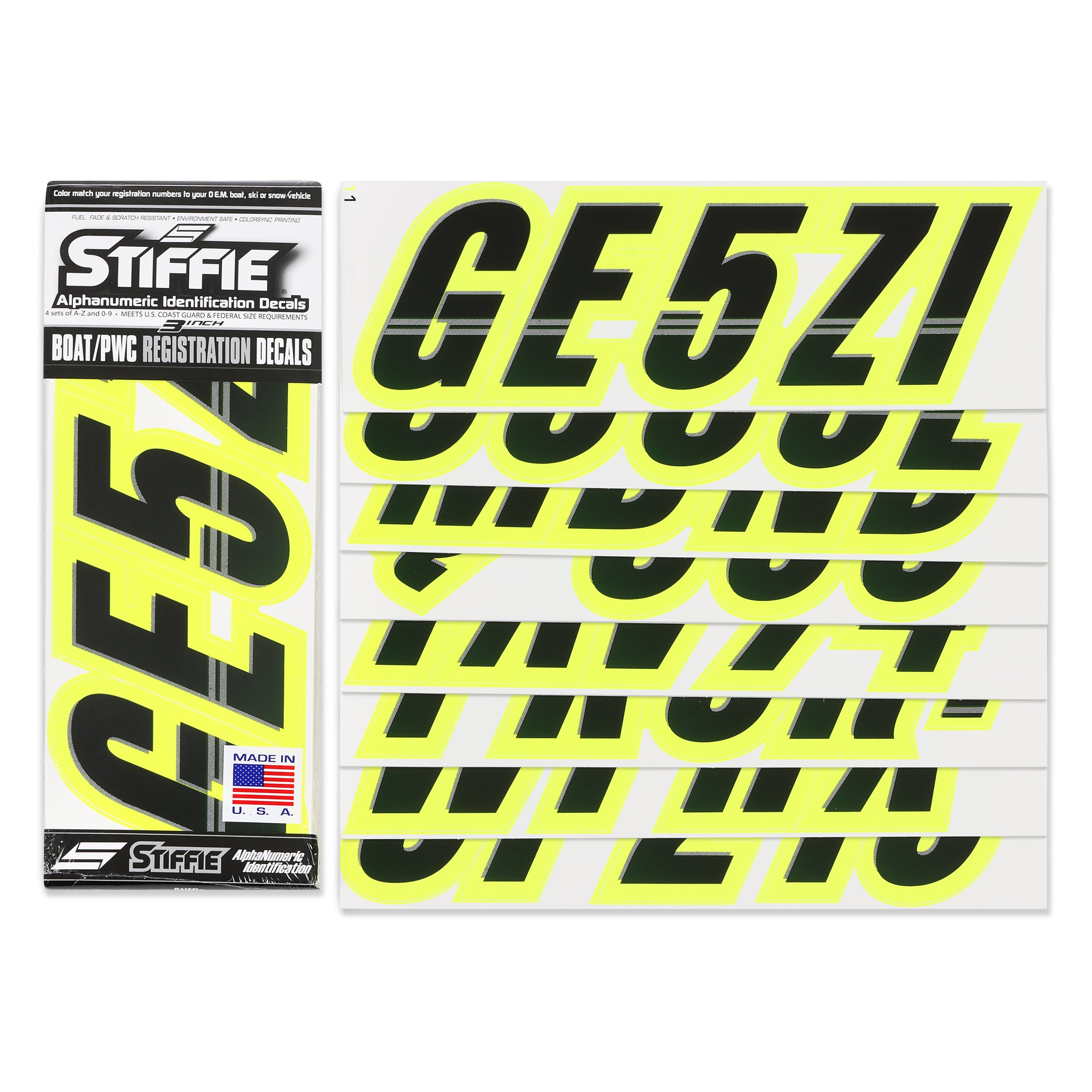 Stiffie Techtron Black/Day Glow Yellow 3" Alpha-Numeric Registration Identification Numbers Stickers Decals for Boats & Personal Watercraft