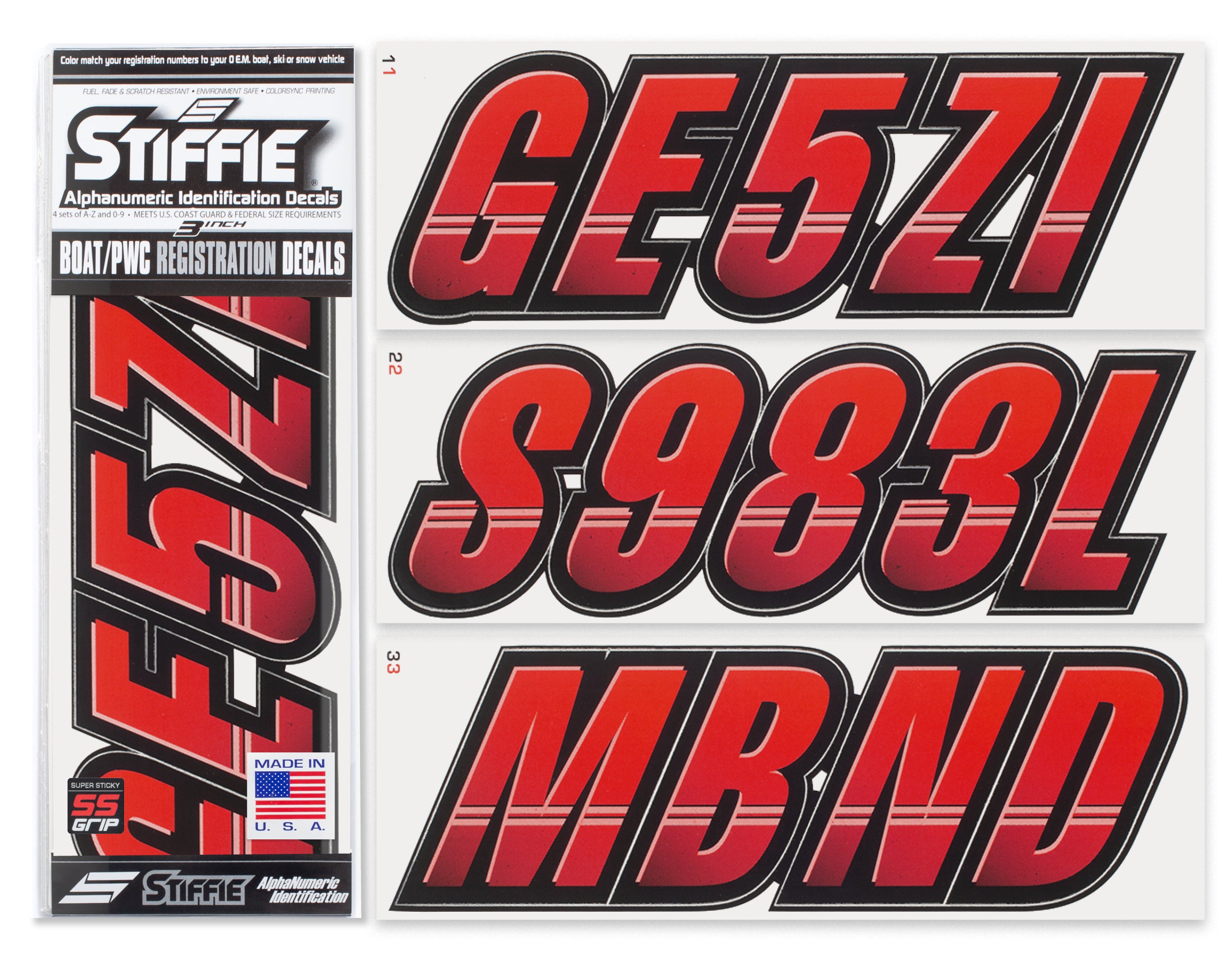 Stiffie Techtron Lava/Black Super Sticky 3" Alpha Numeric Registration Identification Numbers Stickers Decals for Sea-Doo Spark, Inflatable Boats, Ribs, Hypalon/PVC, PWC and Boats