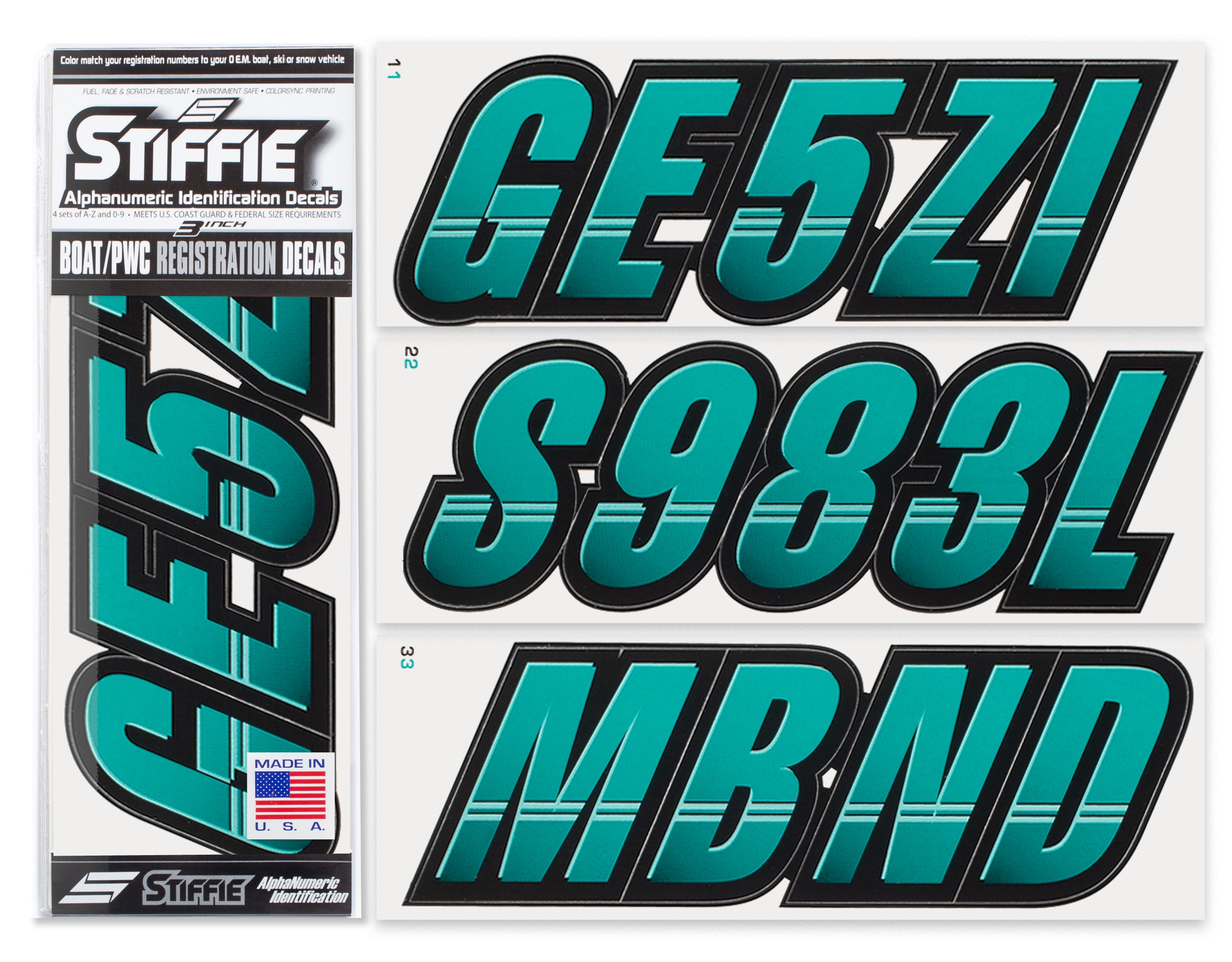 Stiffie TECHTRON Sea Teal / Black 3" Alpha-Numeric Registration Identification Numbers Stickers Decals for Boats & Personal Watercraft