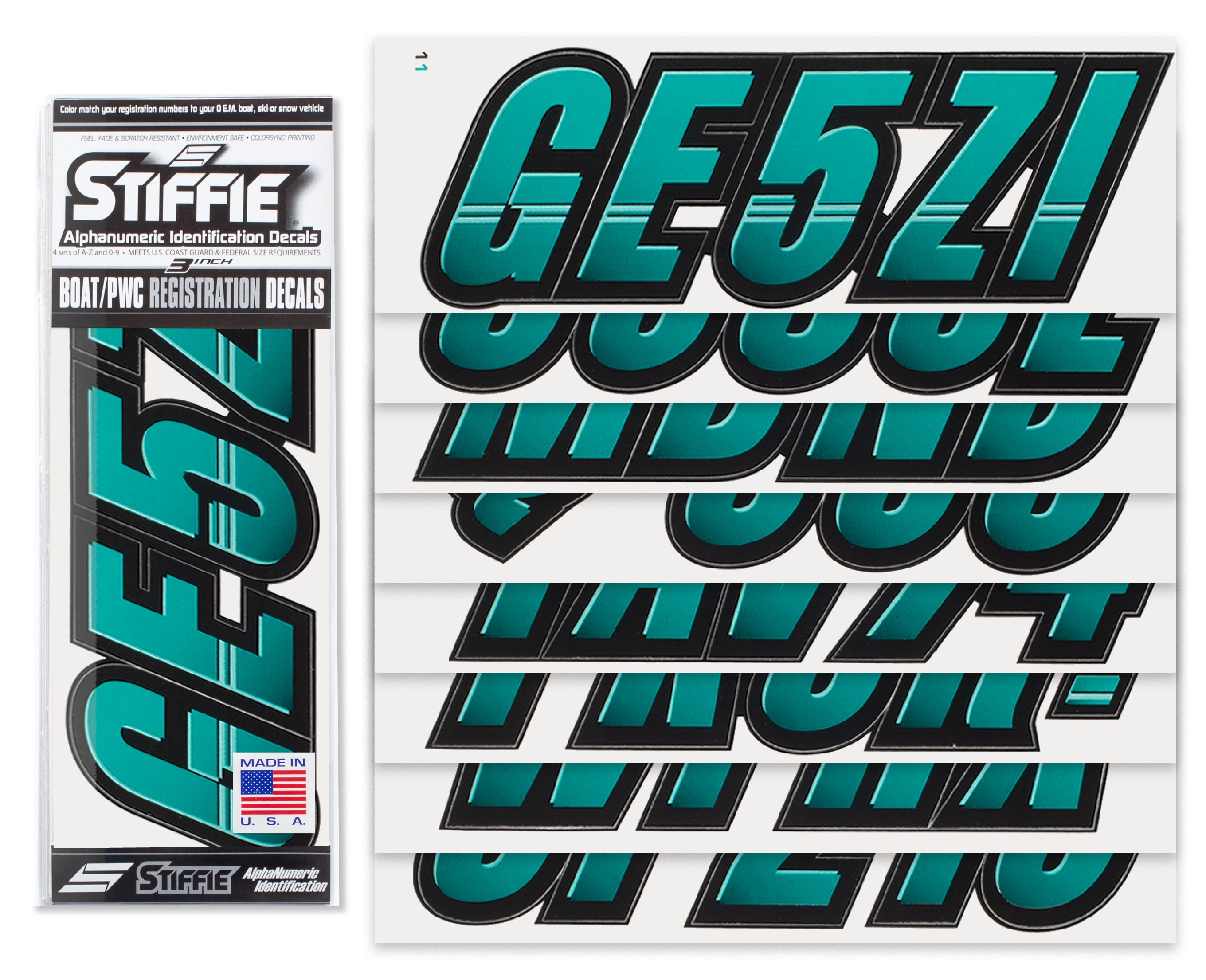 Stiffie TECHTRON Sea Teal / Black 3" Alpha-Numeric Registration Identification Numbers Stickers Decals for Boats & Personal Watercraft